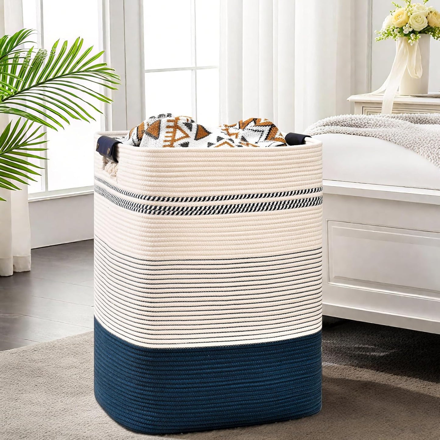 Laundry Hamper, 85L Tall Laundry Basket with Leather Handles, Rectangle Large Clothes Hamper for Organizing, Cotton Woven Laundry Baskets Storage Hampers for Bedroom, Nursery, Living Room