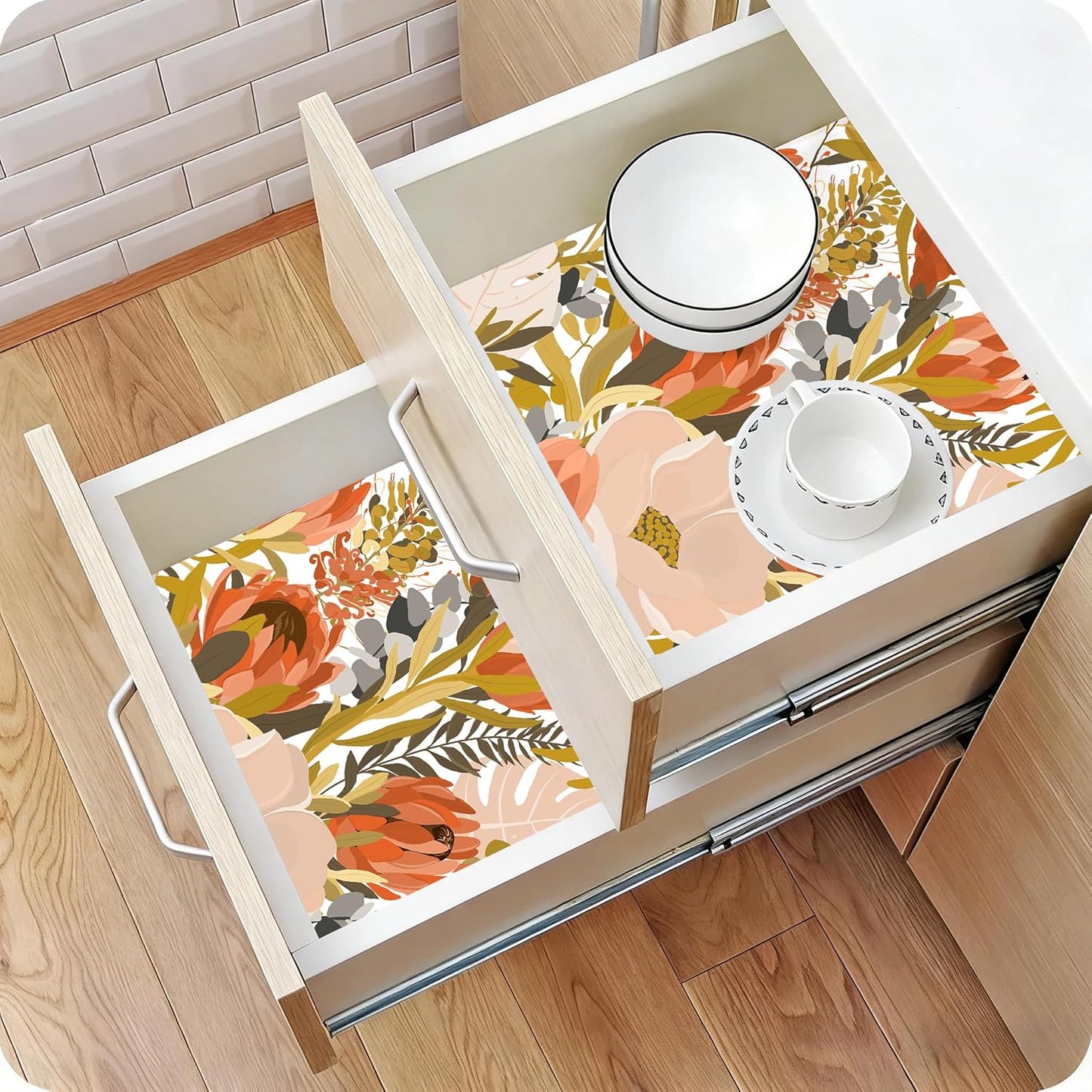 Floralplus Shelf Liner for Cabinet Kitchen Self Adhesive Waterproof Drawer Liner Vintage Floral Peel and Stick Contact Paper Wallpaper Countertop Bathroom Dresser Liners 17.7 x 78.7 in