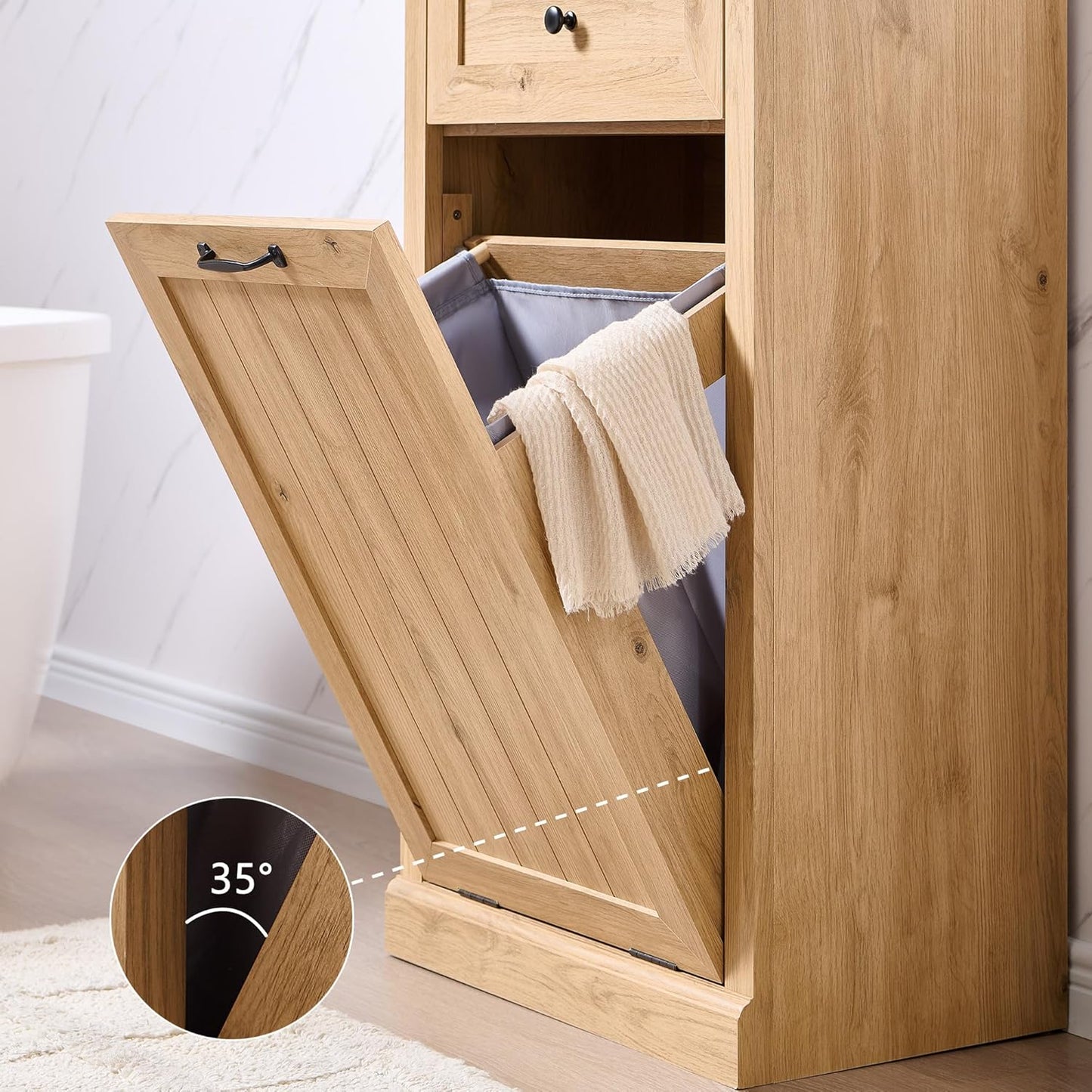 Tilt Out Trash Can Cabinet, 10 Gallon Farmhouse Laundry Hamper Cabinet with Drawer, Hidden Wooden Trash Garbage Can Bin with Storage Basket for Kitchen, Living Room (Natural)