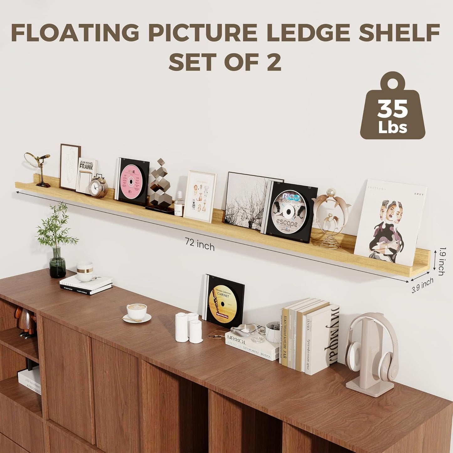 Axeman Oak Floating Shelves | 72 Inch Picture Ledge Shelf Set of 2 | Rustic Oak Picture Shelf for Wall with Ledge | Wall Shelves with Lip | Photo Ledge Shelves for Books Album Records