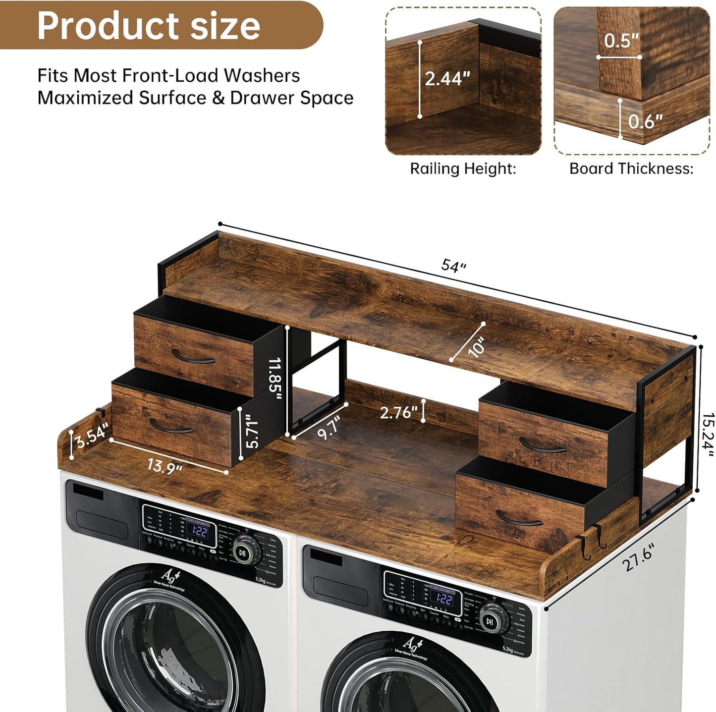 4 Drawers Washer Dryer Countertop with Shelf, 27.5" D x 54" W Laundry Topper with 3.54" High Guardrails and Non-Slip Pads,Extra Storage Organizer for Over Washer and Dryer, Holds 66 Lbs,Vintage Brown