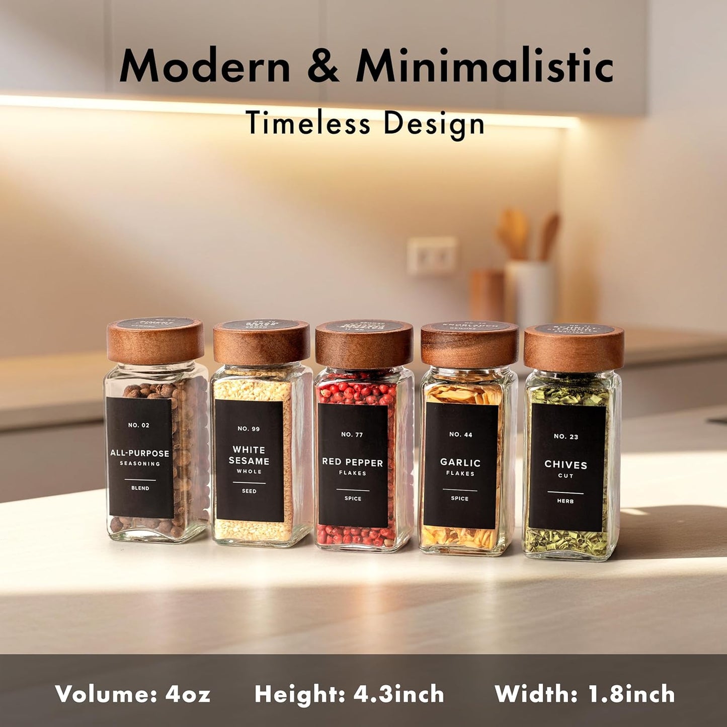 EDELHAUS® Square Spice Jars with Acacia Wooden Lid (Pack of 24) Spice Jars with Shaker Insert and 240 Labels - Acacia Lid Glass Container for Spice Organisation [4.3 in × 1.8 in]