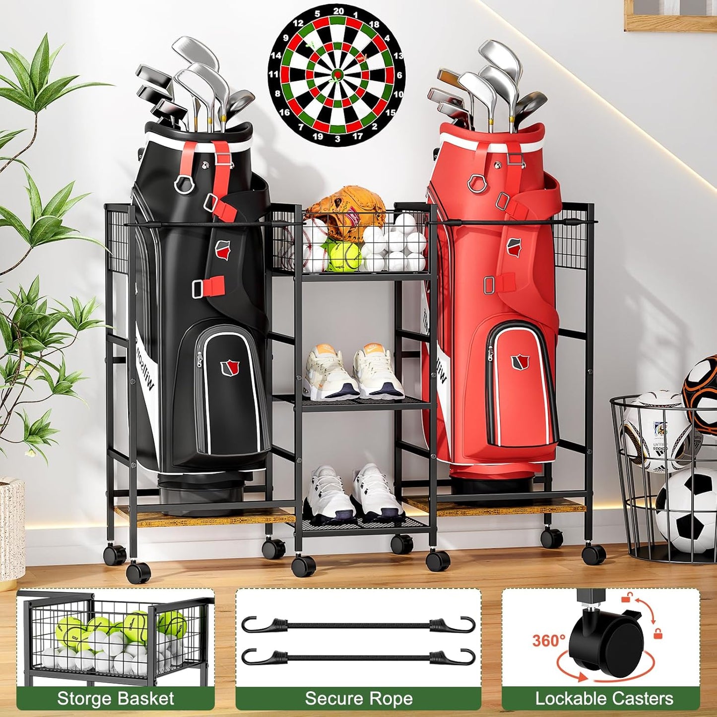 Golf Bag Storage Rack for Garage with Wheels, Organizer for Golf Bag and Equipment Accessories, Golf Organizer Stand Ideal for Home, Garage, Club, Shed, Basement - Sturdy and Durable (Black)