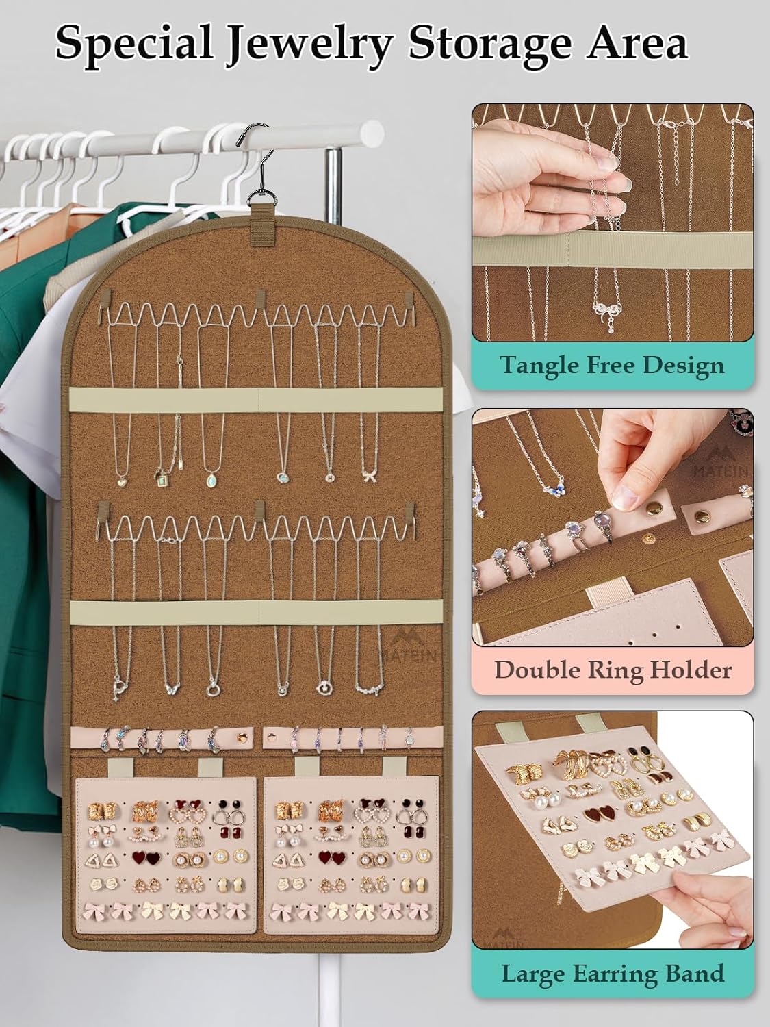 MATEIN Over the Door Jewelry Organizer with Travel Pouch, Double-Sided Hanging Necklace Earring Holder with Pockets, Large Jewelry Storage for Rings Bracelets, Christmas Gifts for Her, Beige-Brown
