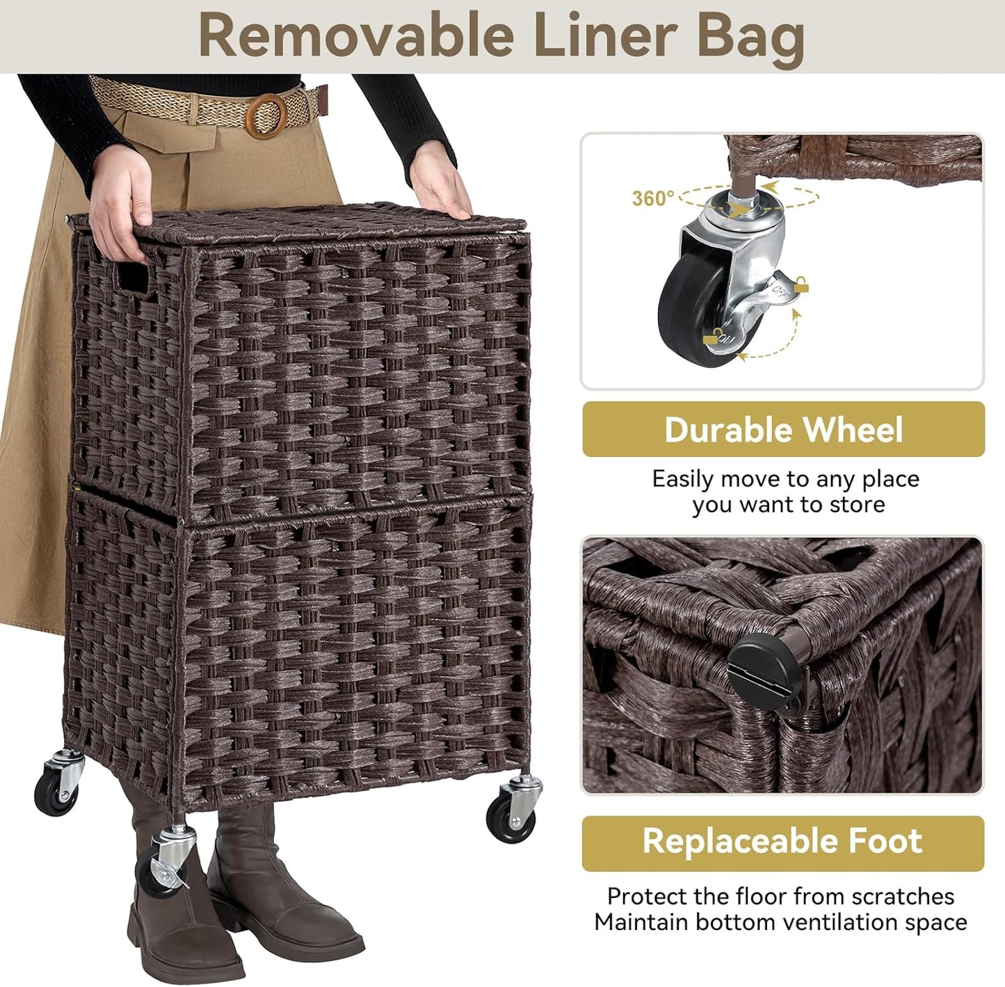 Chrislley 90L Slim Laundry Hamper with Wheels, Rolling Laundry Basket with Lid and Renovable Liner Bag, Handwoven Rattan Organizer for bedroom, bathroom, laundry room (Brown)