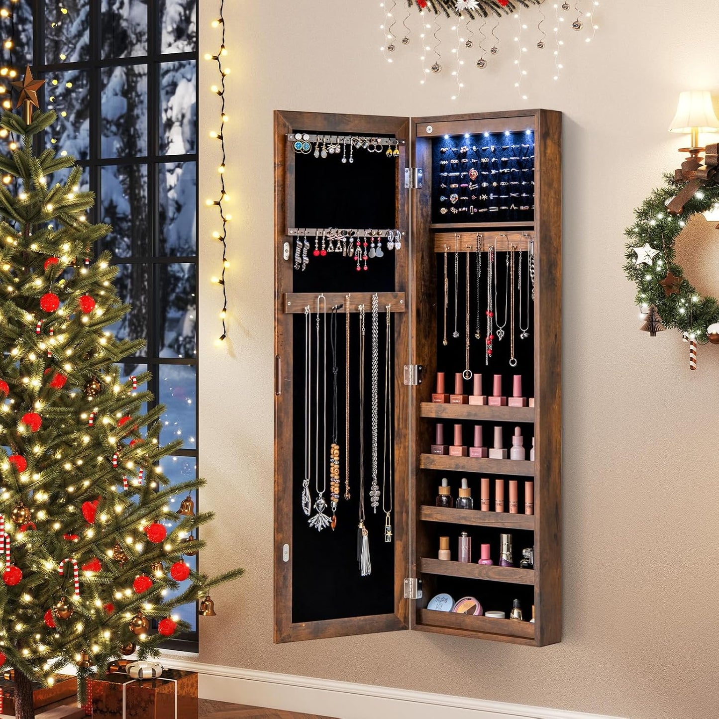 Giantex Wall or Door Mounted Jewelry Cabinet with Full Length Mirror, Over The Door Jewelry Armoire Organizer with Lights, Large Storage with Necklace Hooks, Earring Slots & Shelves (Rustic Brown)