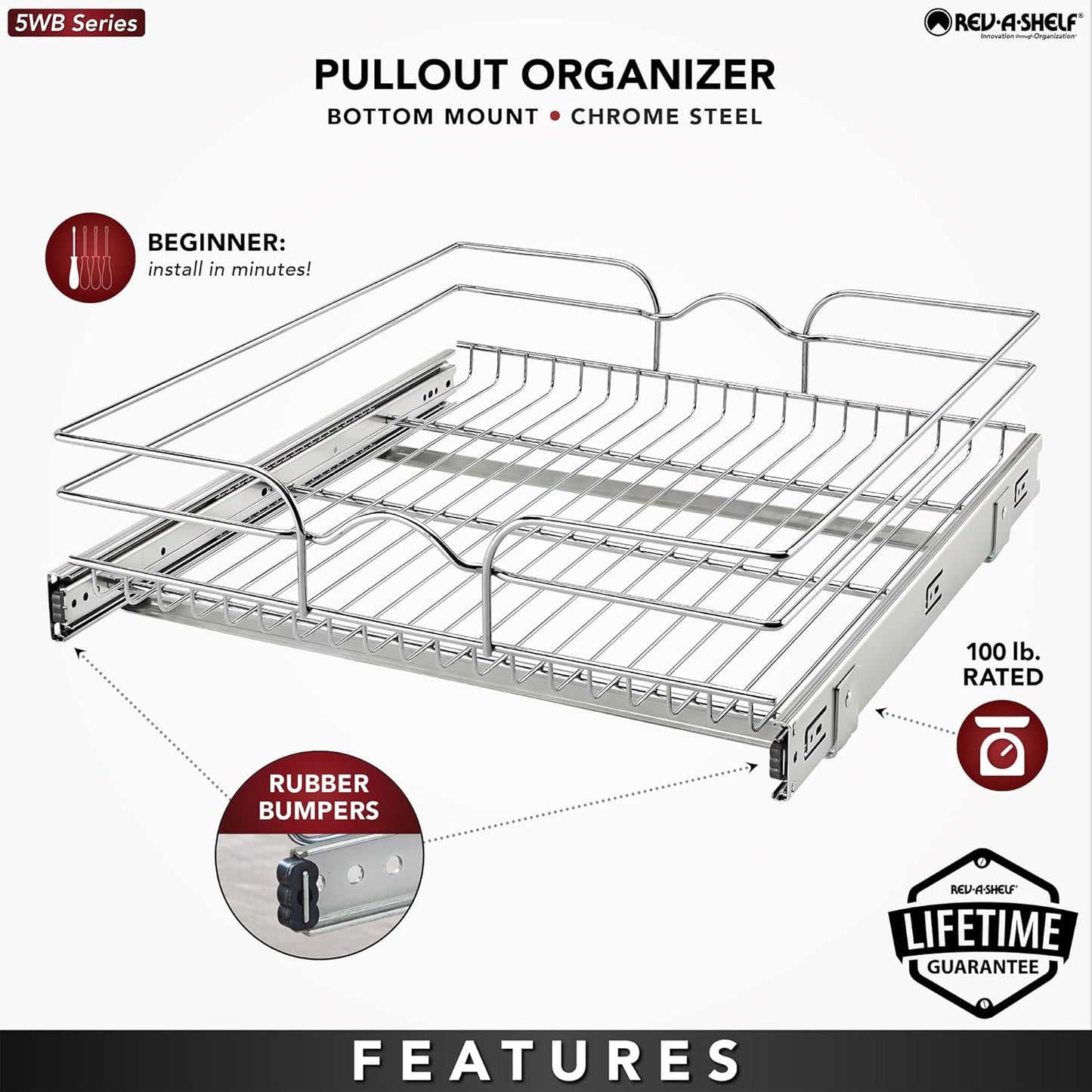 Rev-A-Shelf Kitchen Cabinet Pullout Shelf and Drawer Organizer Slide Out Pantry Storage Basket in Multiple Sizes, 24 x 22 In, 5WB1-2422CR-1