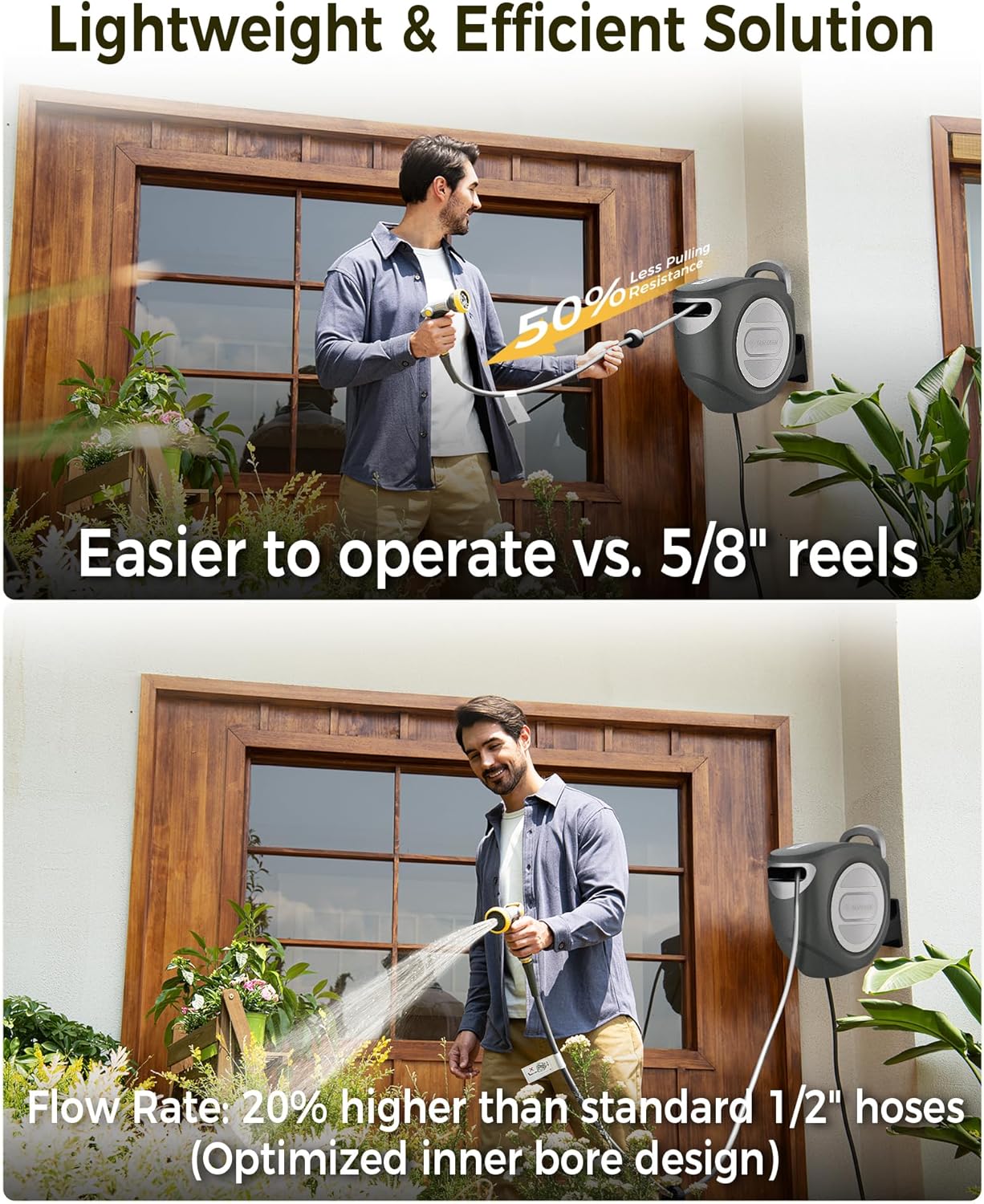 GLAHODEN Retractable Garden Hose Reel 1/2 in x 85 ft Upgraded UV Resistant Heavy Duty Automatic Hose Reel Wall Mount 3/4 in Brass Fitting 9 Pattern Nozzle Any Length Lock Slow Retraction