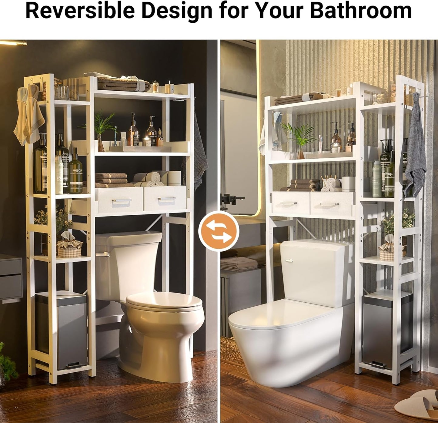 Over The Toilet Storage with 2 Drawers - 7 Tier Bathroom Organizer with Adjustable Shelf, Freestanding Space Saver Storage Rack Above Toilet Stand with 4 Hooks for Restroom, Laundry, White