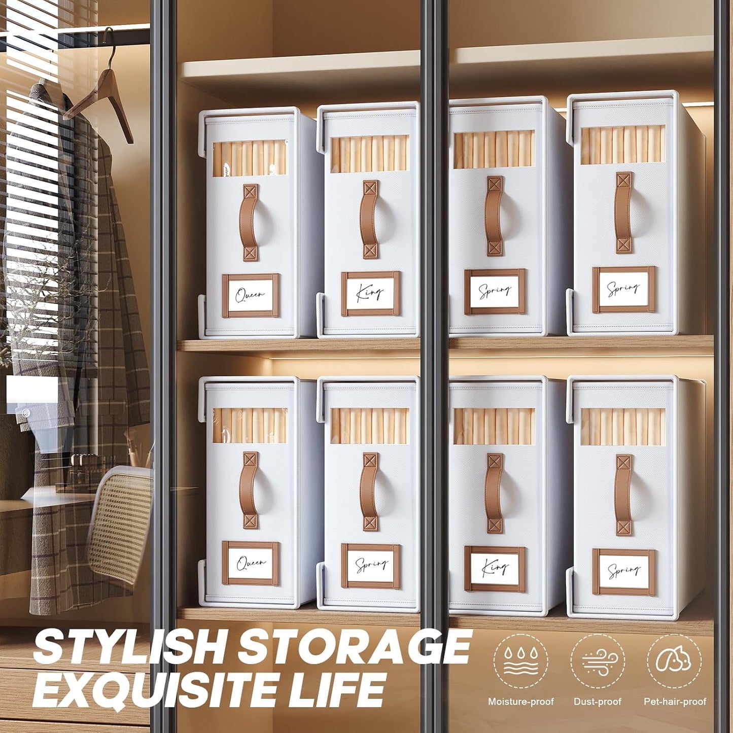 BigPonpPon 8 Pack Bed Sheet Organizers And Storage(Cal King Size) With Leather Handles,Foldable Linen Closet Organizer With Clear Window,Bedding Storage Box For Blanket,Sheets,Duvet Cover-White