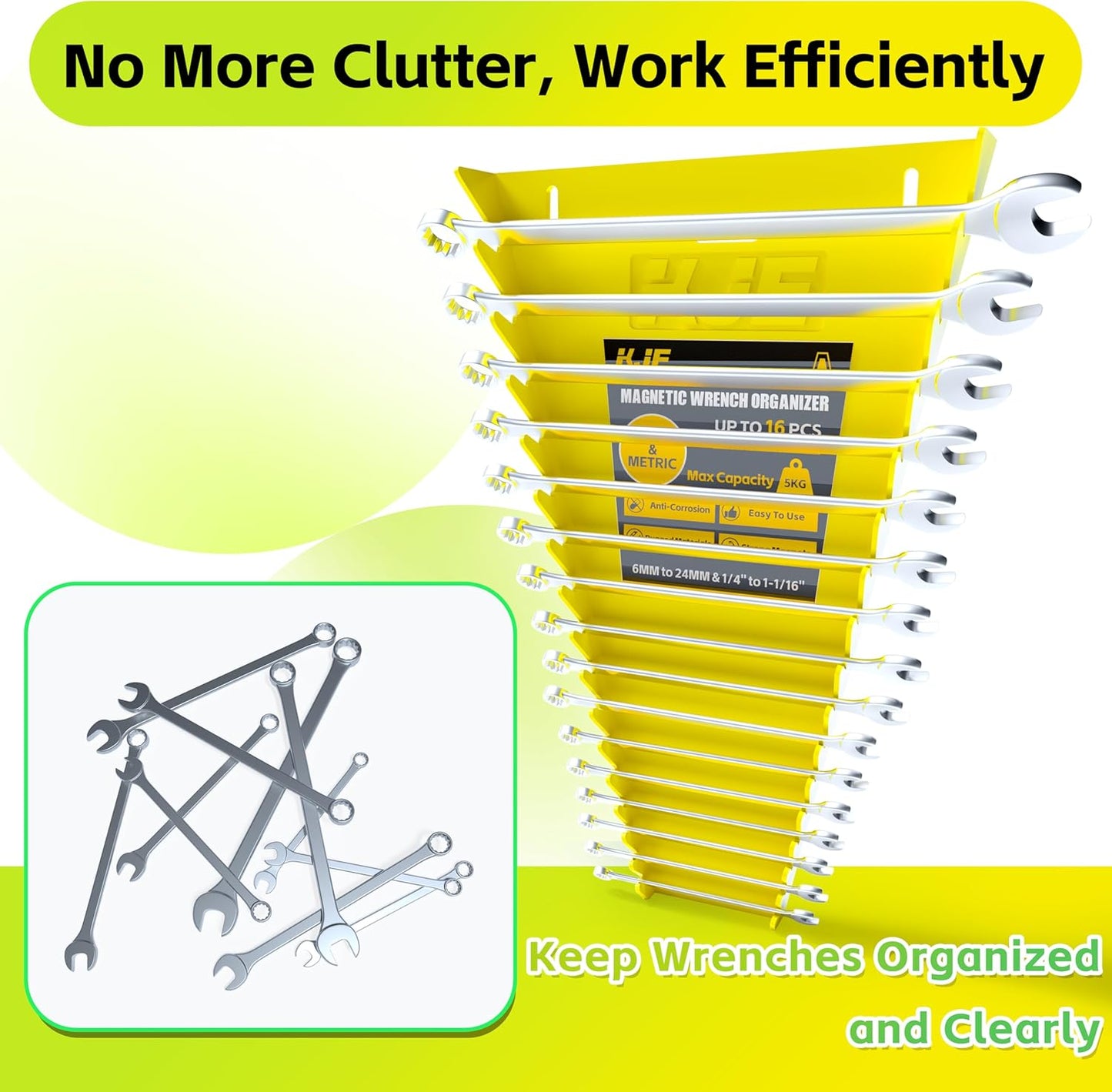 KJE 2Pack Magnetic Wrench Organizer, 32-Slot Wrench Rack Tool Trays, Magnetic Wrench Set Holder SAE(1/4" - 1-1/16") and Metric(6MM-24MM)