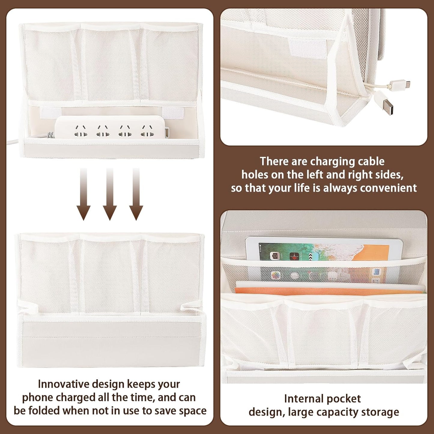 Bedside Caddy Bedside Storage Organizer Bedside Organizer with Power Strip Holder and 2 Adjustable Straps for Home Bunk Bed College Dorm Sofa (2 Pack White)