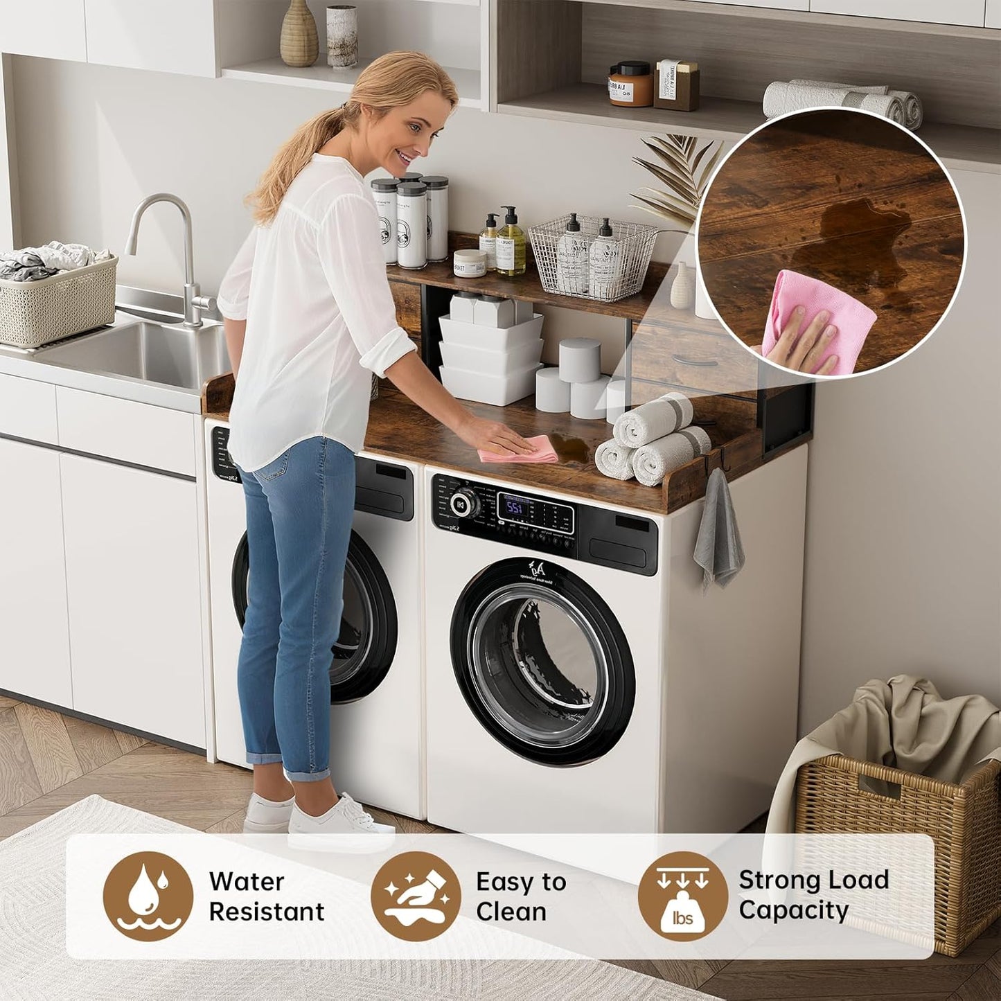 4 Drawers Washer Dryer Countertop with Shelf, 27.5" D x 54" W Laundry Topper with 3.54" High Guardrails and Non-Slip Pads,Extra Storage Organizer for Over Washer and Dryer, Holds 66 Lbs,Vintage Brown