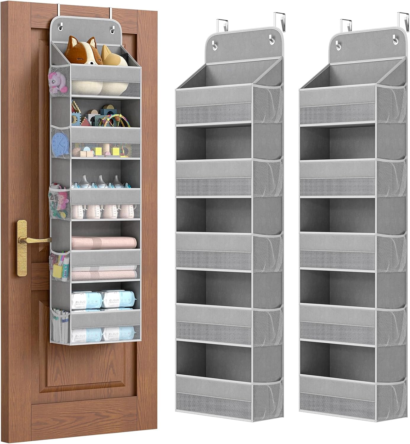 LAMU 5 Tier Over The Door Organizer Hanging, Swing - Proof Closet Behind Door Storage with 5 Large Pocket and 10 Side Pockets, Back of Door Organizers for Bedroom, Nursery and Bathroom (2 Pack, Grey)