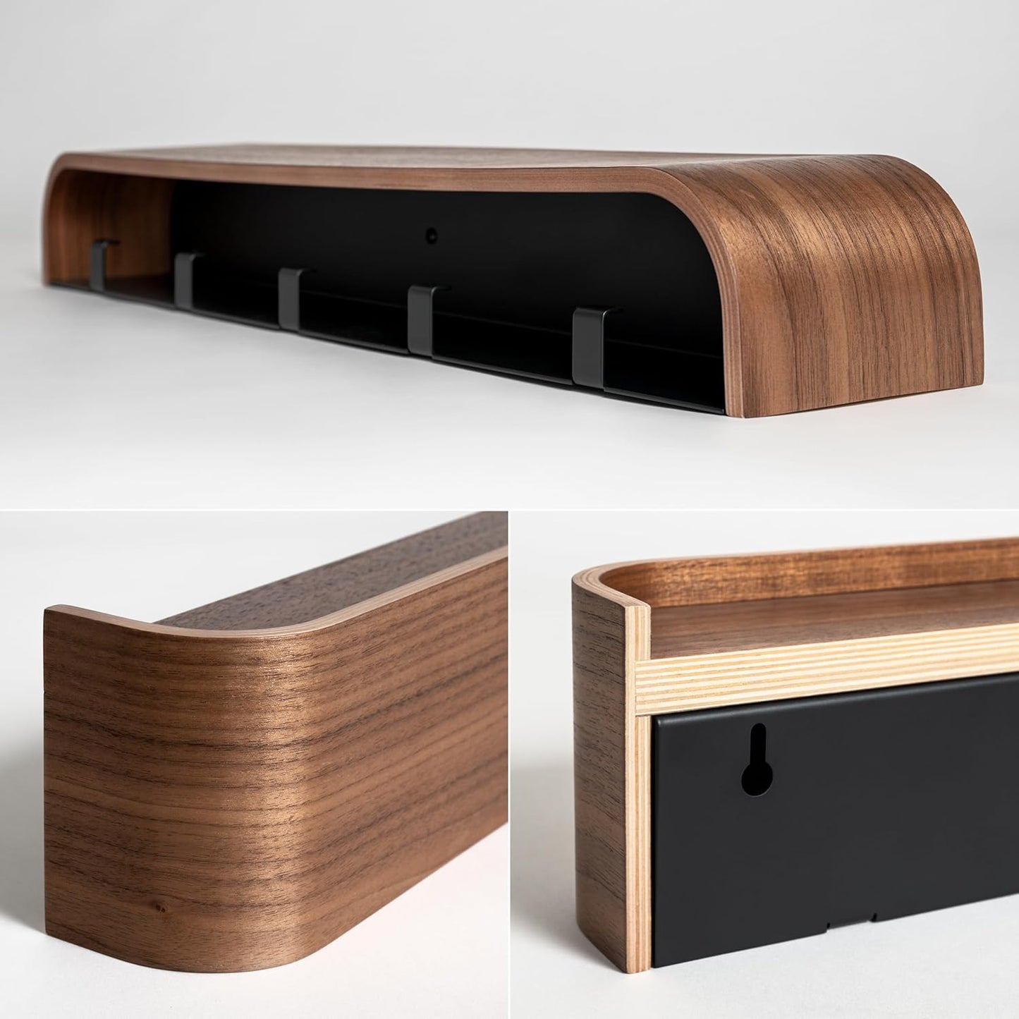 Kazai. Wall-Mounted Coat Rack 'Toke' - Modern Design Coat Rack with Hidden Wall Hooks - Solid Wood Veneer Panel Coat Hanger - Walnut