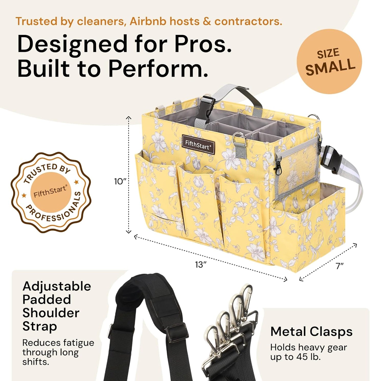 FifthStart Multipurpose Cleaning Caddy with Waist & Shoulder Strap - Diaper Caddy with 9 Pockets, Mesh Base & Adjustable Compartments - Cleaning Supplies Organizer (Yellow Floral, Small)