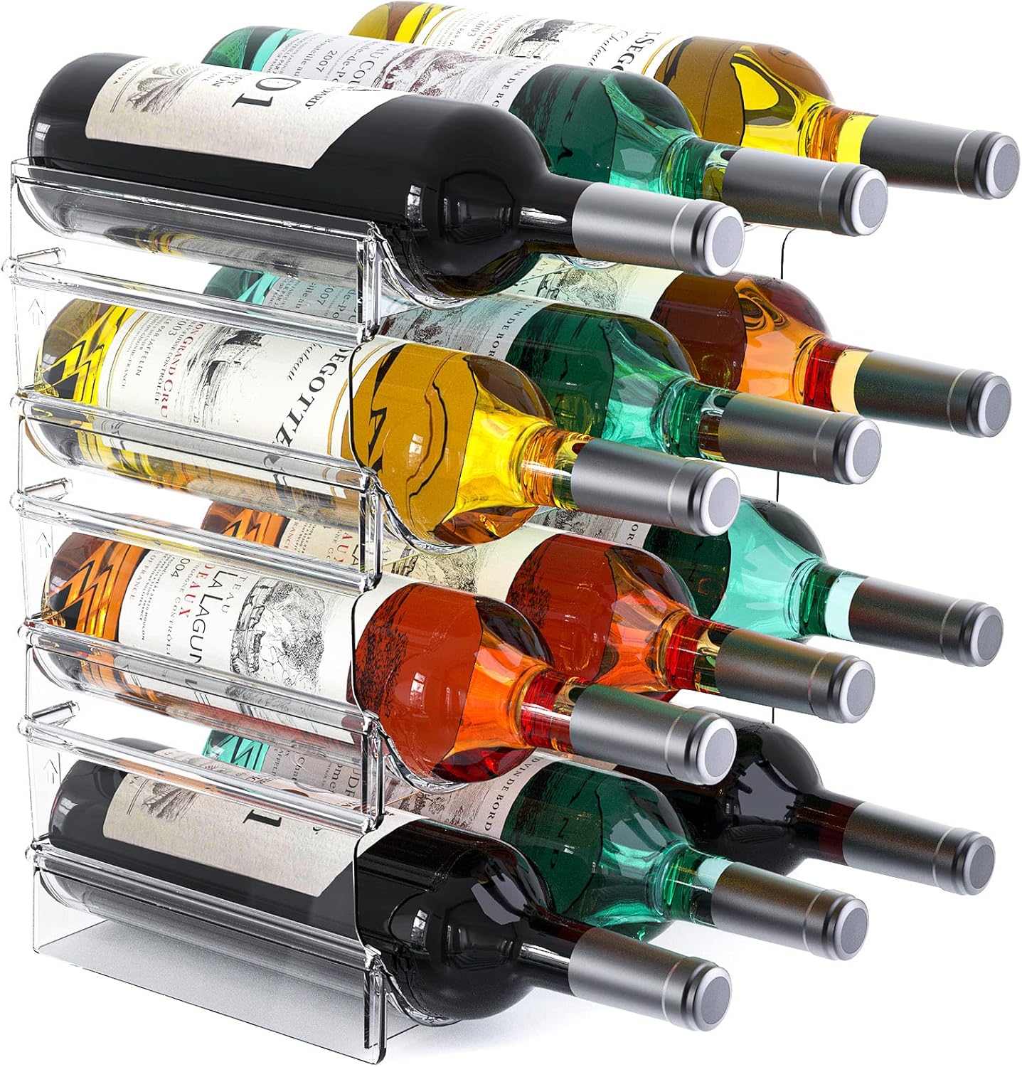 Plastic Water Bottle Organizer and Wine Rack Storage Holder,4 Tier 12 Containers Stackable Free-Standing Bottle Storage Rack for Kitchen Countertops, Table Top, Pantry, Bars, Cabinets, Fridge - Clear
