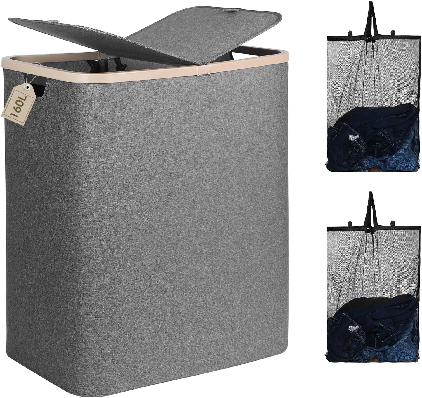 DOKEHOM 160L Double Laundry Basket with Removable Lid and Laundry Bags, Large Collapsible Laundry Hamper with 2 Sections (Grey)