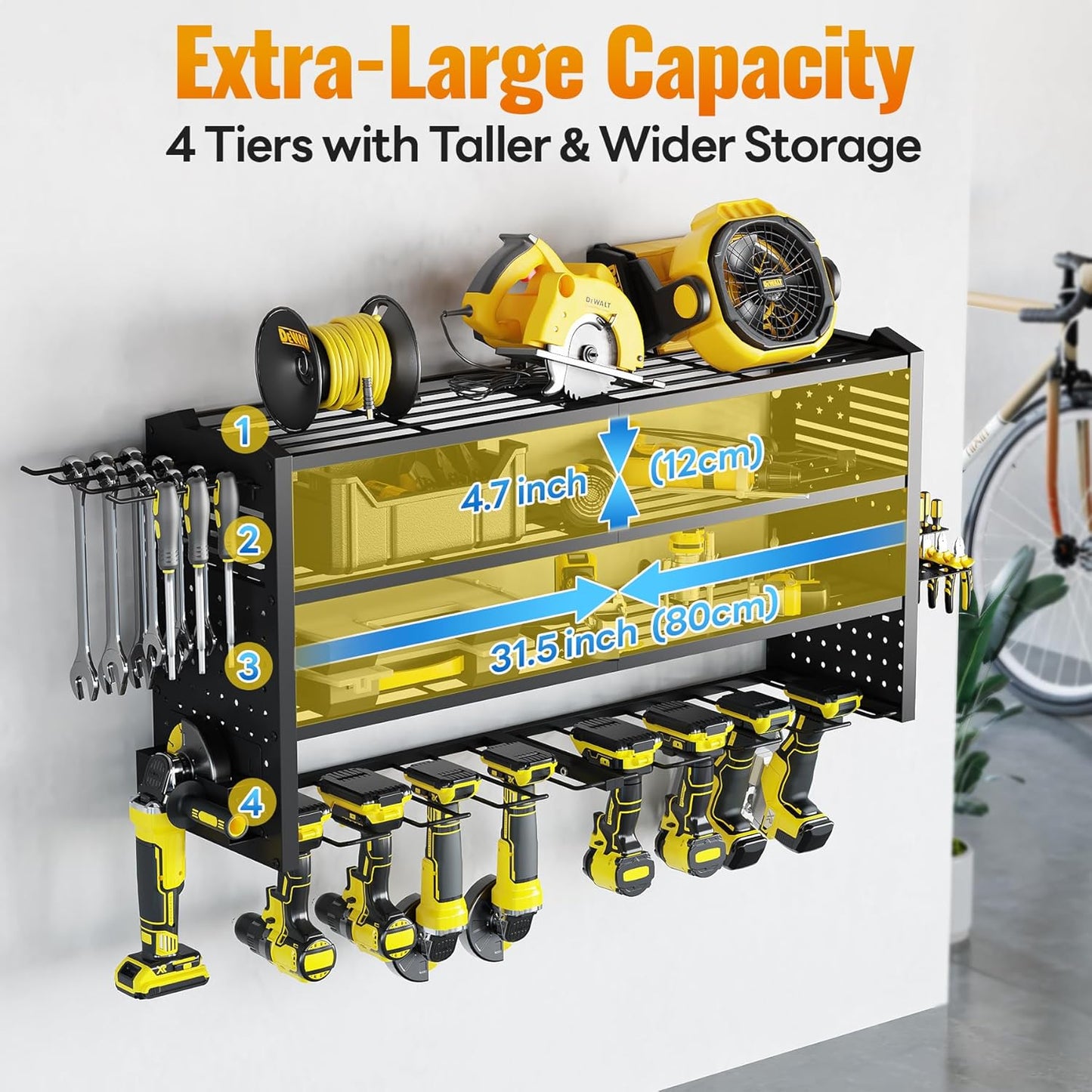 Tomorotec 4-Layer Wall-Mounted Power Tool Storage Rack, Heavy-Duty Steel Drill Organizer with Adjustable Shelves & Side Hooks for Toolbox, Easy Installation Garage & Workshop Storage (Black)
