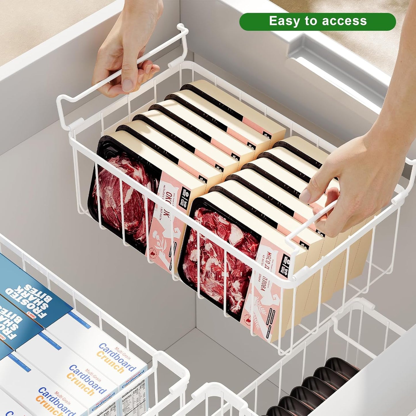 3 Pack Stackable Wire Storage Baskets With Tag, Freezer Organizer Bins for Most 7 Cu.FT Freezer Sort Frozen Meats, Deep Freezer Organizer Bins with Handle Add Space Easy Reach, White