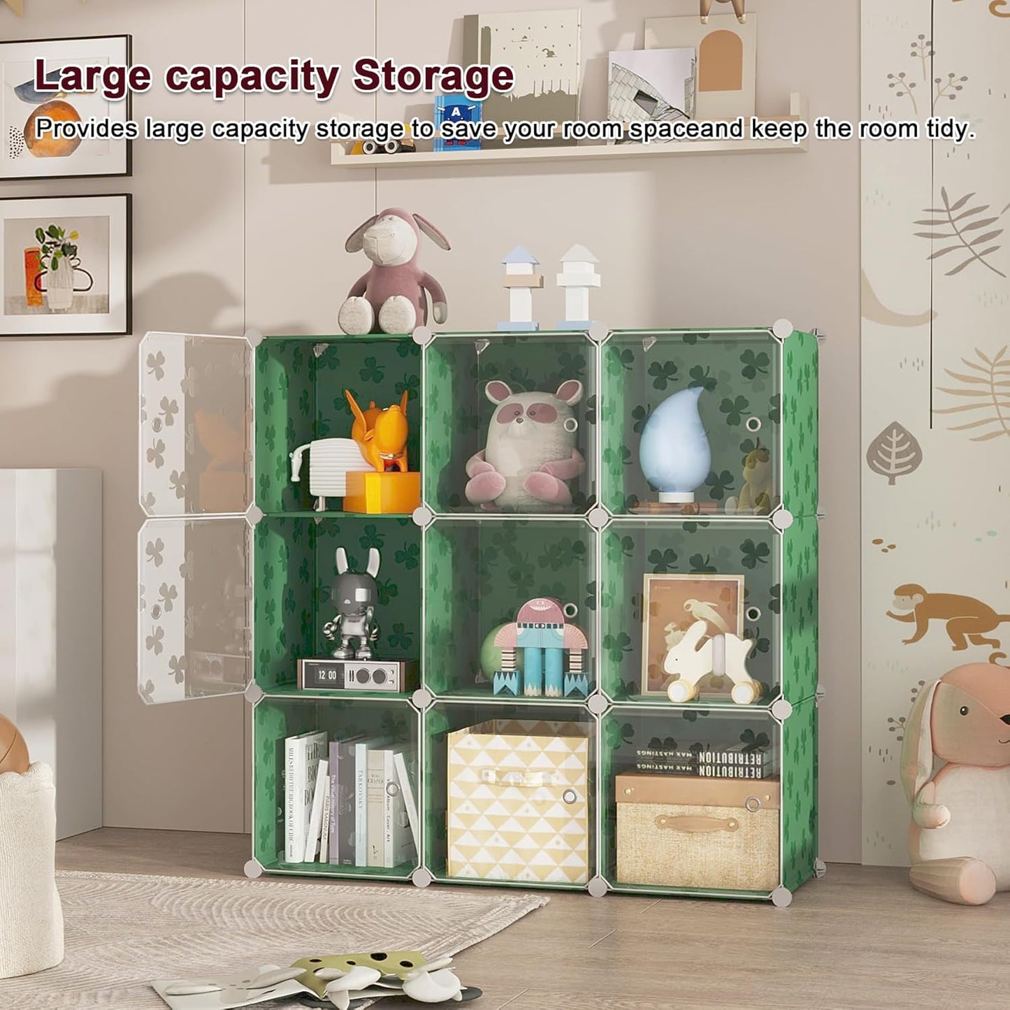 C&AHOME Cube Storage Organizer with Doors, 10-Cube Shelves, DIY Plastic Modular Bookshelf, Closet Clothes Storage Shelving Ideal for Bedroom, Living Room, Clover Embossed, Green