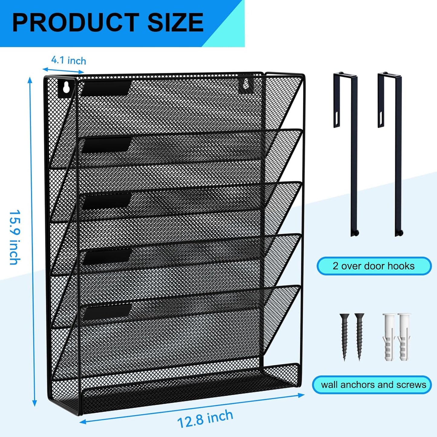6-Tier Hanging File Organizer Office Cubicle Accessories for Work Organizer Wall Mount File Holder for Mails Folders Papers Magazine Organization, Black