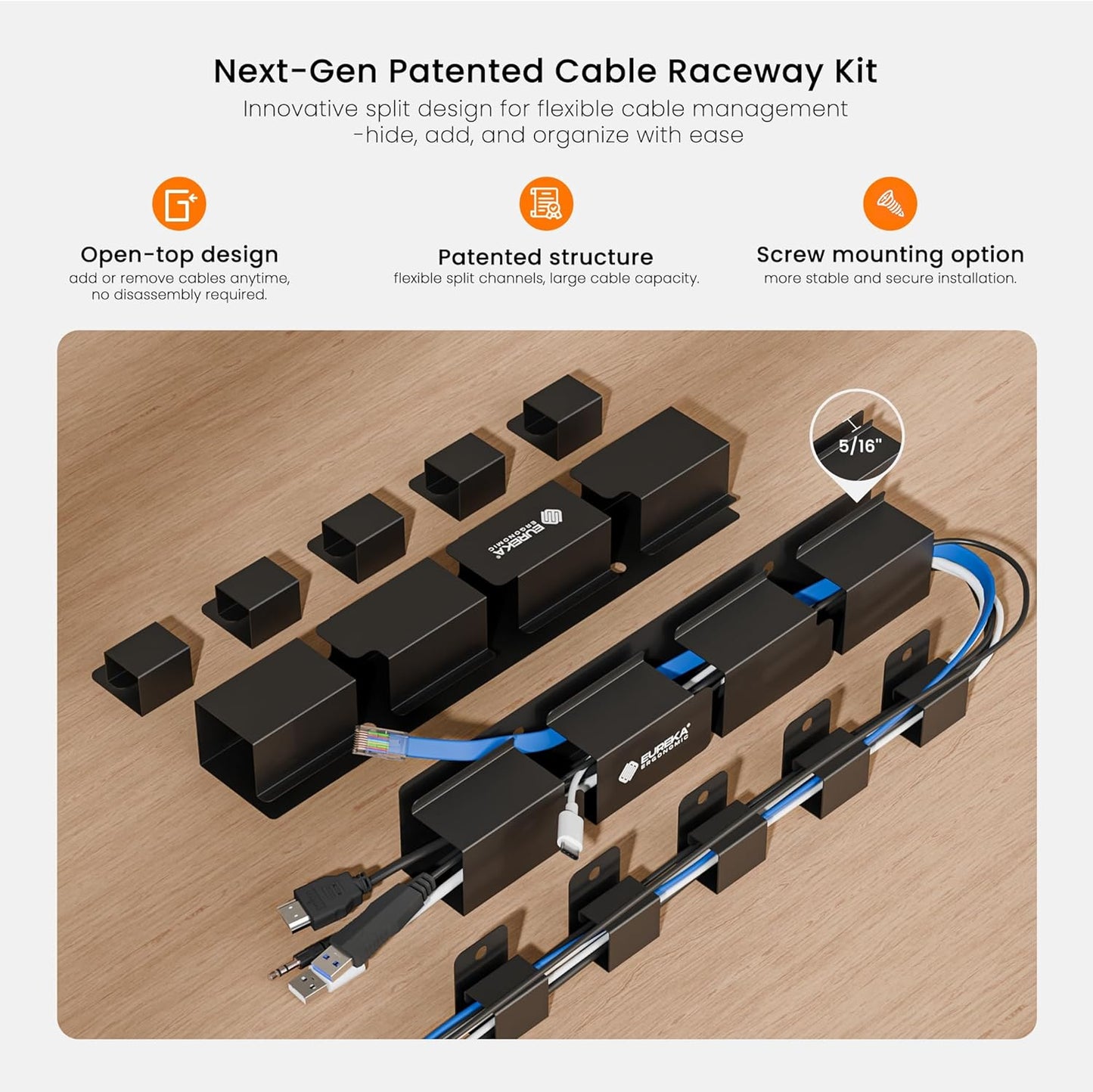 EUREKA ERGONOMIC Cable Management Organizer Kit Cable Raceways 316 PCS, 6 Cable Holder, 4 Cord Sleeve, 60 Wire Clips,2 Roll Self Adhesive Wire Ties, 100 Zip Ties For TV Office Home Under PC Desk,Black