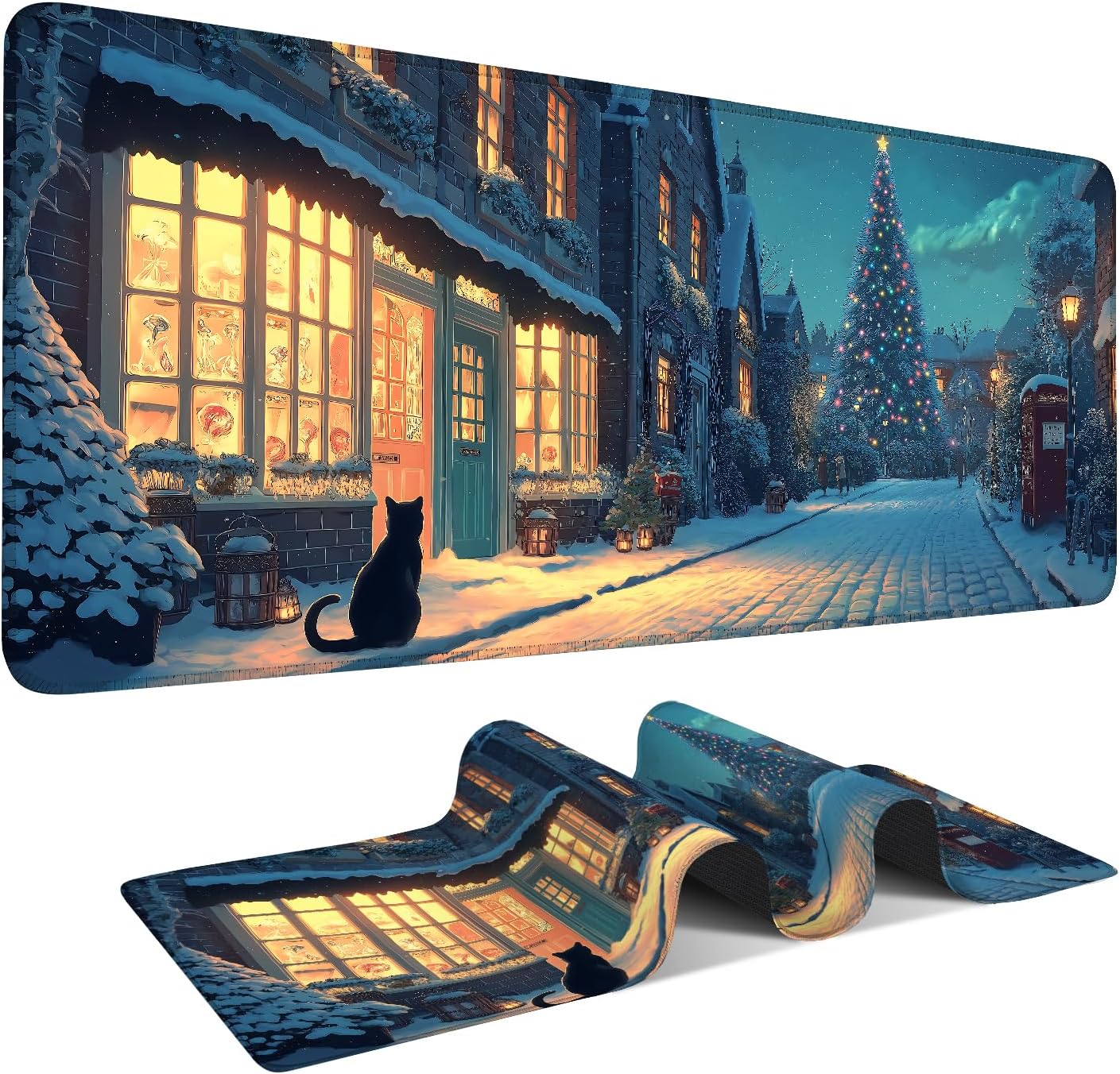 Large Extended Gaming Mouse Pad - Winter Christmas Night Scene, Soft Fabric Desk Mat with Non-Slip Rubber Base, Extra Long Mousepad for Gaming, Office, Keyboard & Mouse, 35.43 x 15.75 in