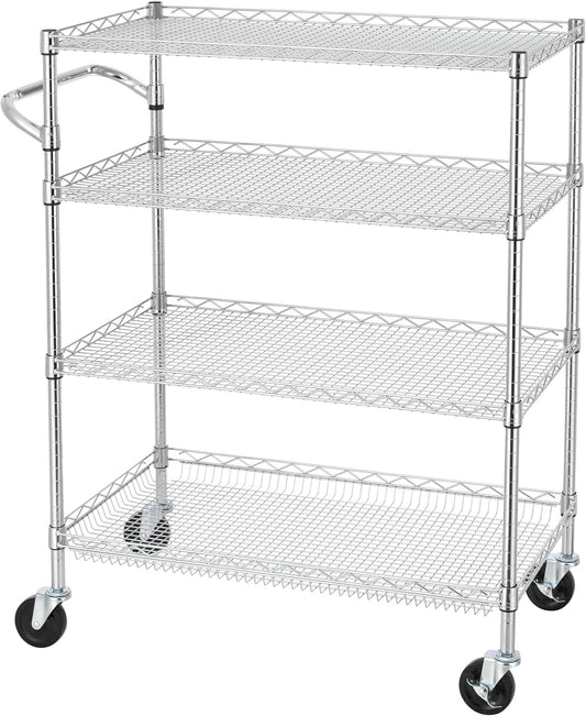 Finnhomy 4 Tier Heavy Duty Commercial Grade Rolling Cart with Handle Bar, Metal Wire Utility Cart with Wheels, Kitchen Service Trolley on Wheels, Shelf Size 18" D x 36" W, NSF, Chrome