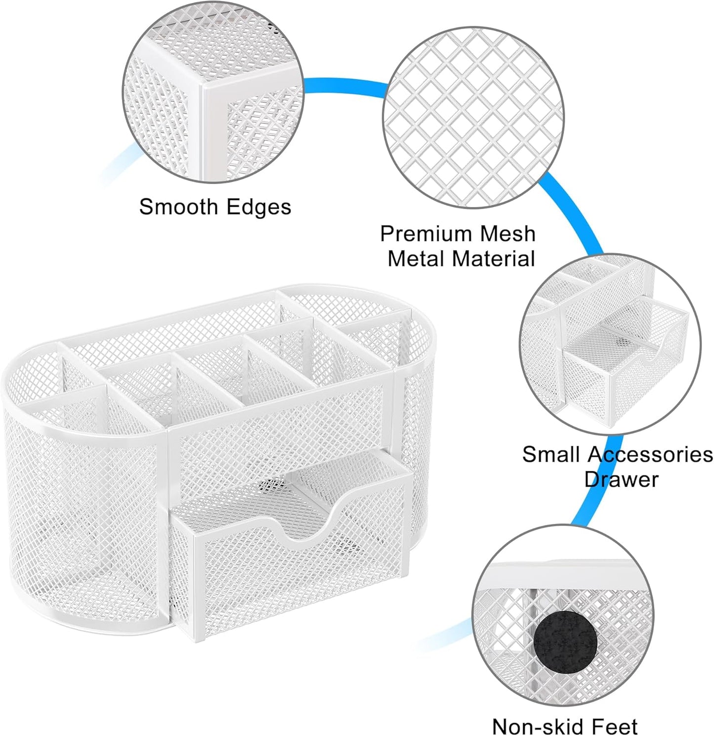 EasyPAG Mesh Pen Holder Desk Organizer with Drawer Stationery Supplies Organizer for Dorm School 9 Compartments Workspace Desk Accessories Organization for Office, White