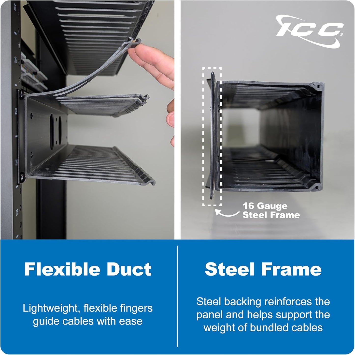 ICC 2U Finger Duct Cable Manager Panel with Cover, Plastic with Metal Back Frame, 3" Depth, Horizontal Cable Management, Rackmount for 19” Network Racks, Black, Single Pack