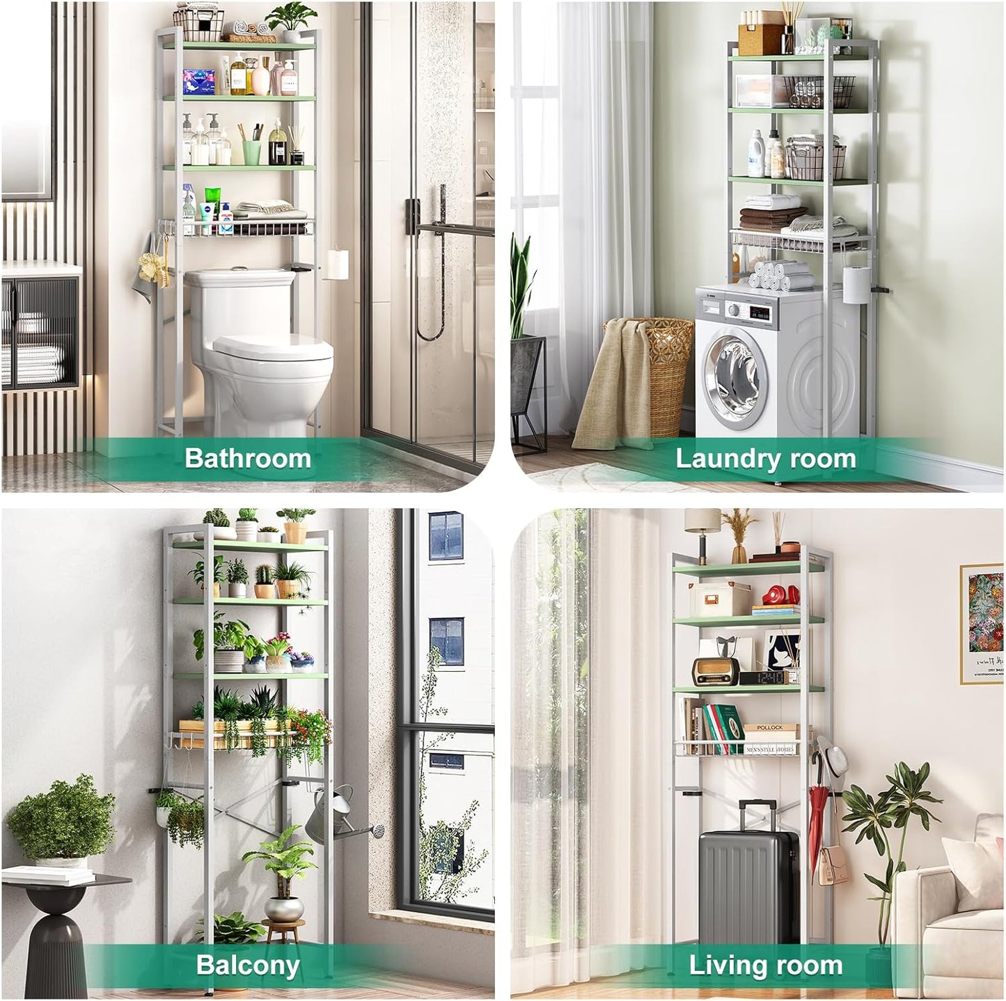 Over-The-Toilet Storage Rack, 4-Tier Bathroom Organizer Shelf Over Toilet with Adjustable Shelf and Basket, Freestanding Space Saver Bathroom Shelves Above Toilet for Room (Avocado Green)