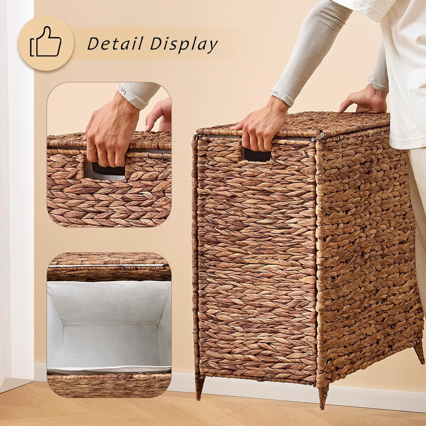 Handwoven Large Laundry Hamper with Lid and 2 Removable Liner Bags, Heightened Feet Natural Hyacinth Clothes Hamper,Wicker Laundry Basket for Clothes and Towels