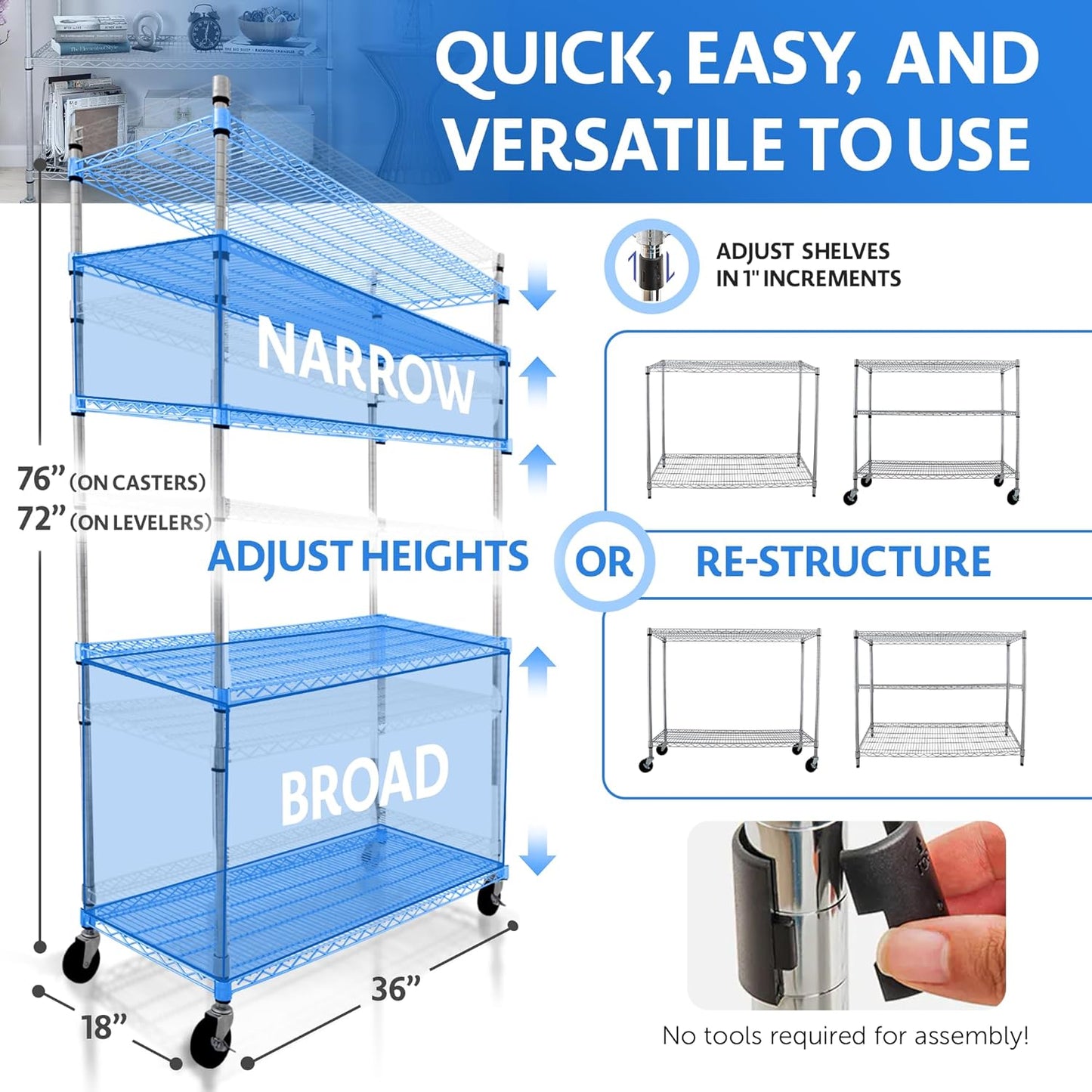 4000 LBS Heavy Duty Metal Shelving Unit – 36x18x76 NSF 5-Tier Wire Rack with Wheels, Adjustable Garage Storage Shelves, Chrome Wire Shelving for Kitchen, Warehouse, Bakers Rack – Crescent