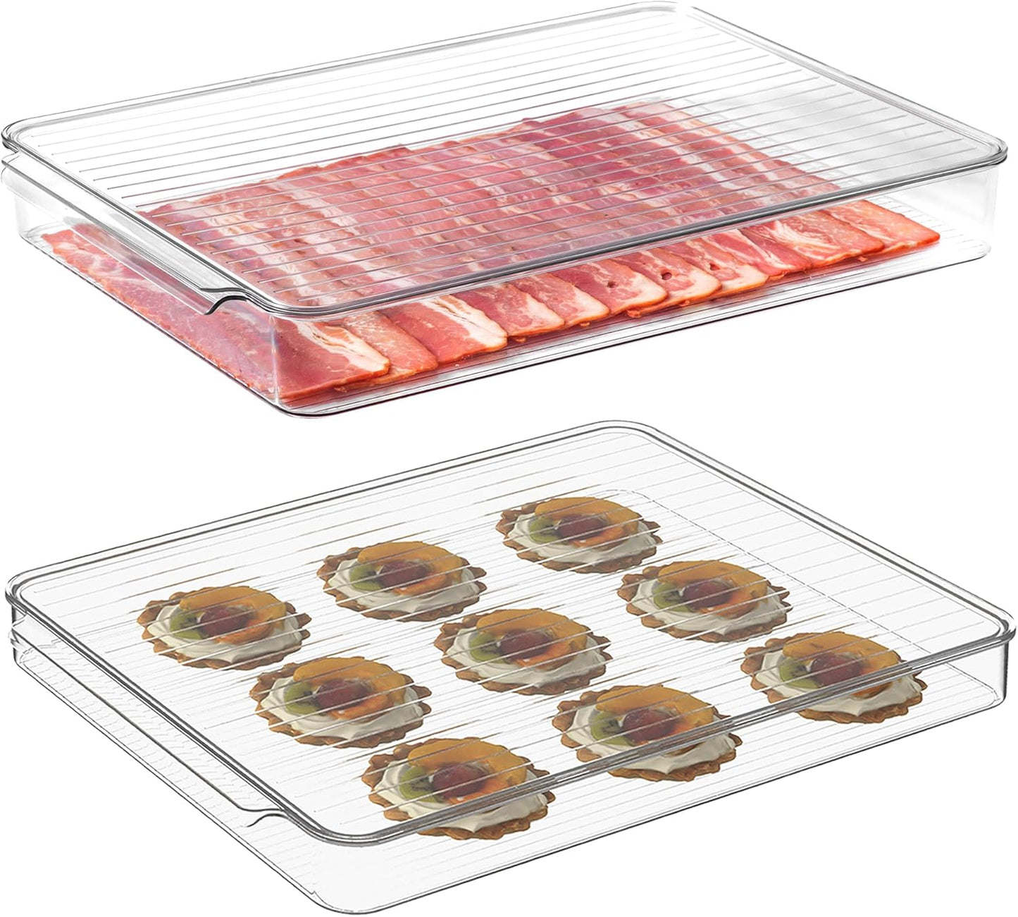 vacane Stackable Freezer Organizer, Flat Produce Saver Sliced Cheese Container with Lids, Freezer Storage Containers Food Storage Tray for Fruits, Vegetables, Meat