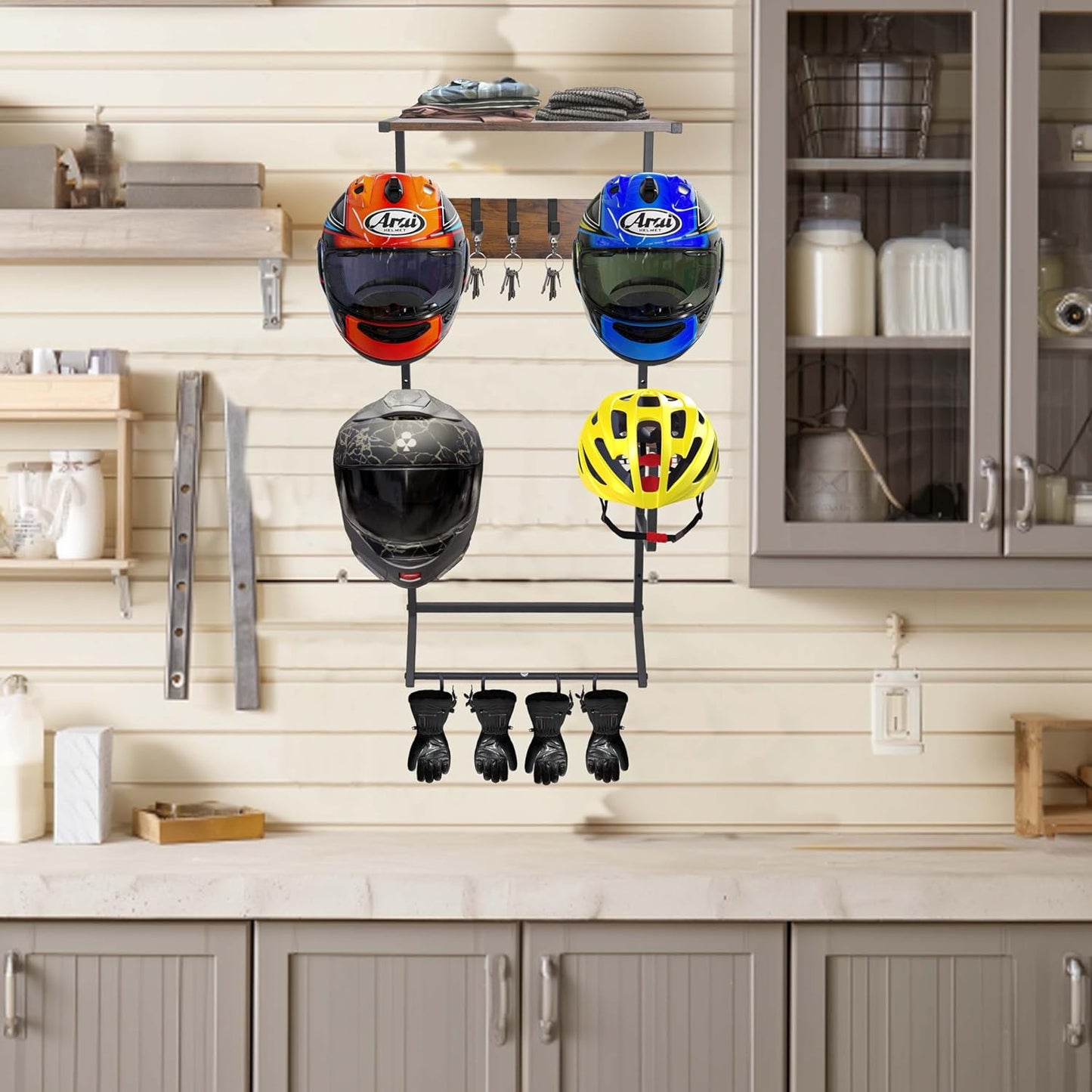 Motorcycle Helmet Holder Wall-Mounted Helmet Rack with 4 Glove Chips& Hooks - Rustic Bike Helmets Storage Organizer, Universal Wall Mount for Helmets, Gear, Clothes, Accessories，Retro