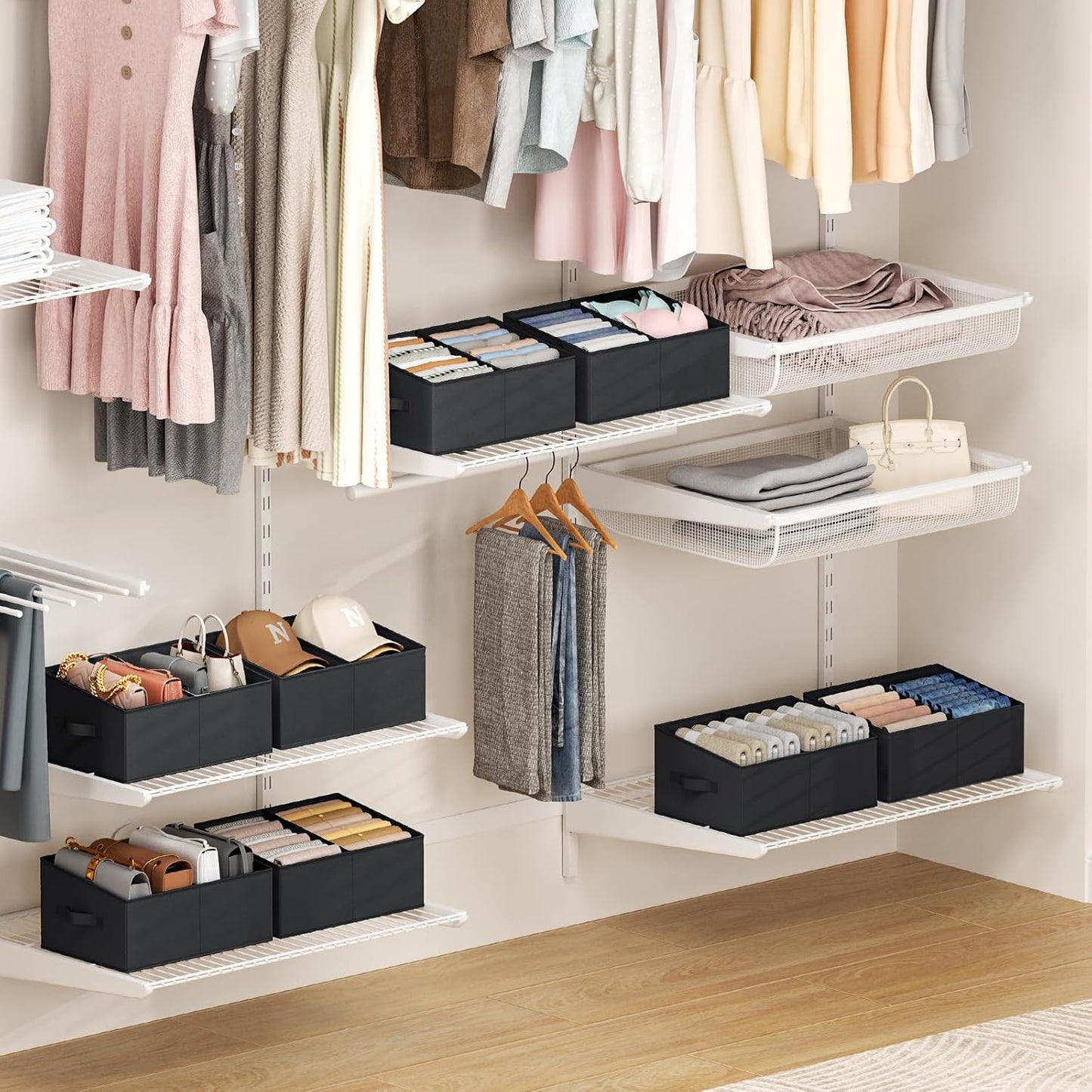 DIMJ Large Closet Shelf Organizer Bins 8 Packs with Handles and Divider, Fabric Trapezoid Storage Baskets, Foldable Clothes Containers Box for Shelf, Towel, Book, Toy, Purse, Hats, Black