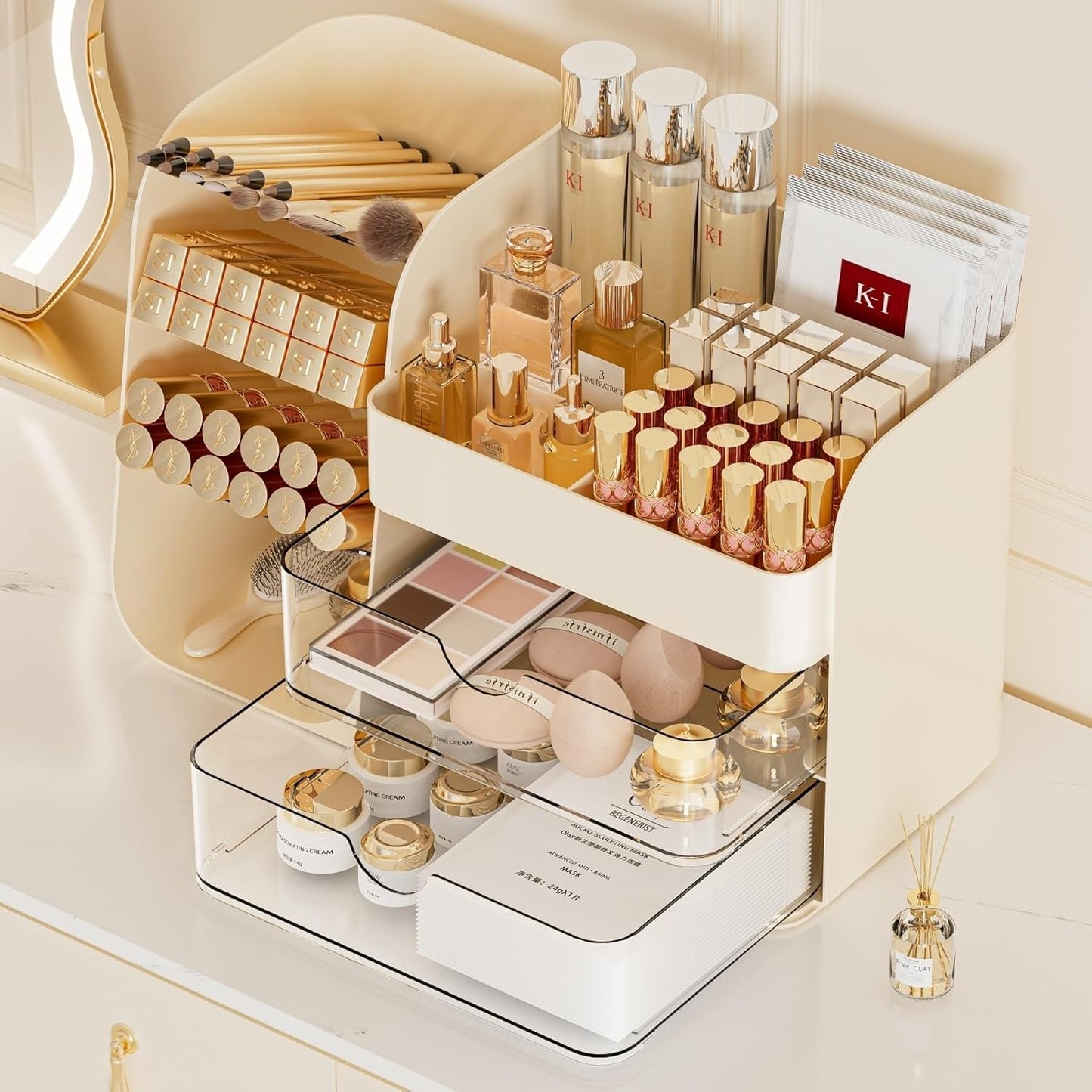 Makeup Organizer with Brush Holder for Vanity,Countertop Makeup Organizer with Drawers,Spacious Cosmetic Display Case,Perfect Storage Solution for Your Beauty Essential (Cream, Large)