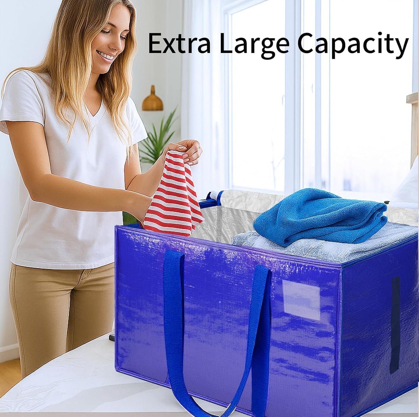 12 Pack-Extra Large Heavy Duty Moving Bags - Waterproof Storage Totes with Handles & Zippers, Foldable for College Dorm, Storage (Blue)