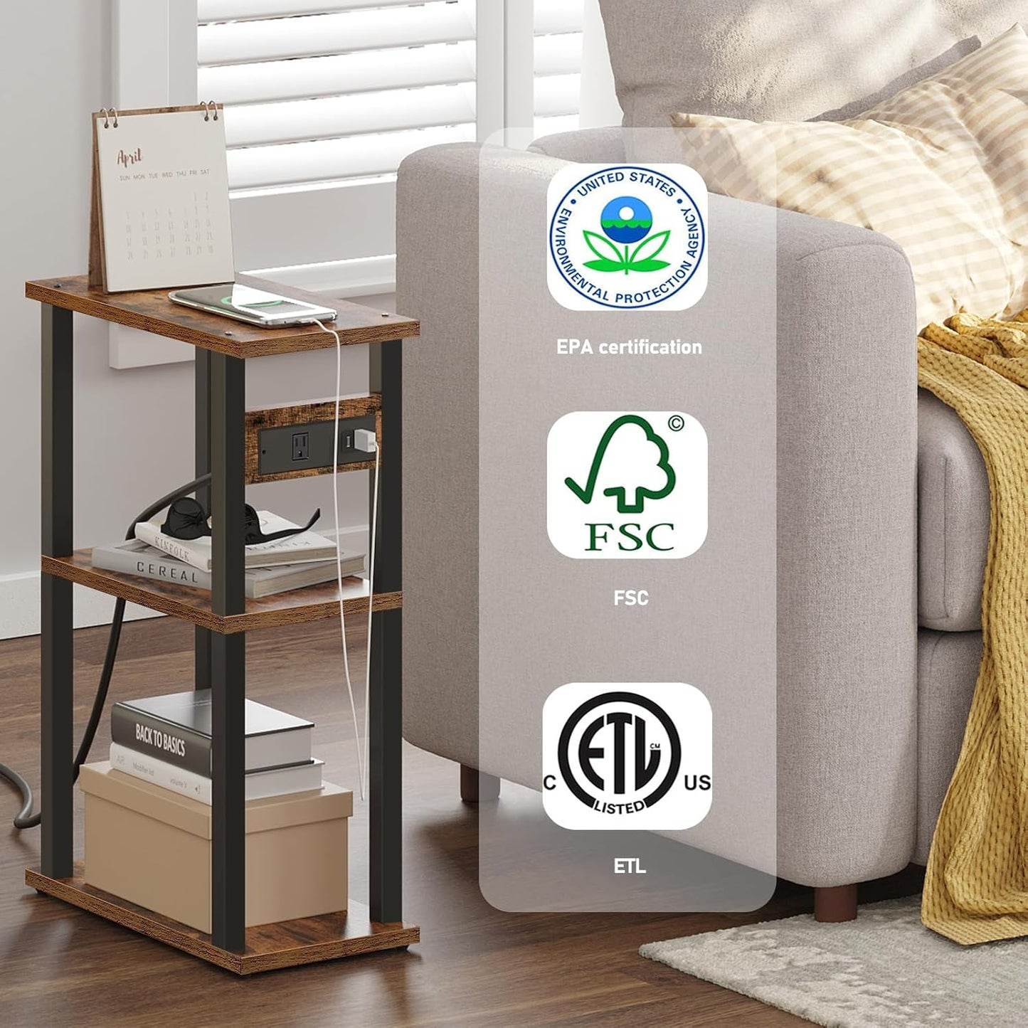 TUTOTAK Small Narrow Side Table with Charging Station, Set of 2 Skinny End Table for Small Spaces, Slim Nightstand with USB Ports and Outlet,Sofa Beside Table with Wheels, Brown TB01BB047
