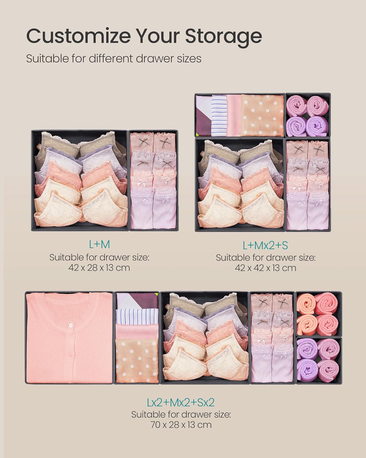 SONGMICS Drawer Organizer, Dresser Drawer Organizers, Set of 12, Foldable Fabric Storage Bins for Socks, Underwear, Bras, Ties, Scarves, Slate Gray URDZ006G03