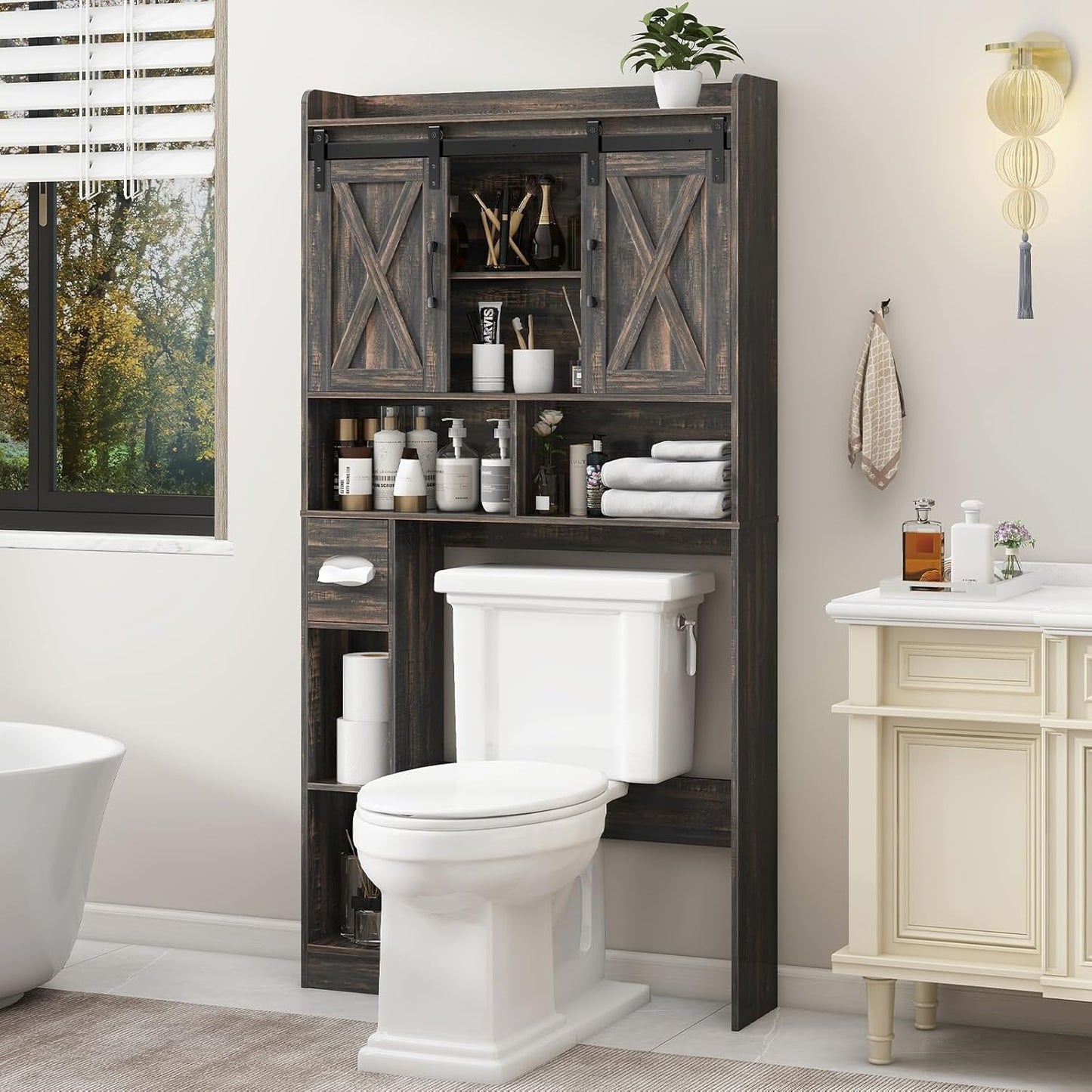 Vabches Over The Toilet Storage Cabinet, Farmhouse Storage Cabinet Over Toilet with Sliding Door& Toilet Paper Holder Stand，Home Space-Saving Toilet Rack, for Bathroom, Laundry and Restroom