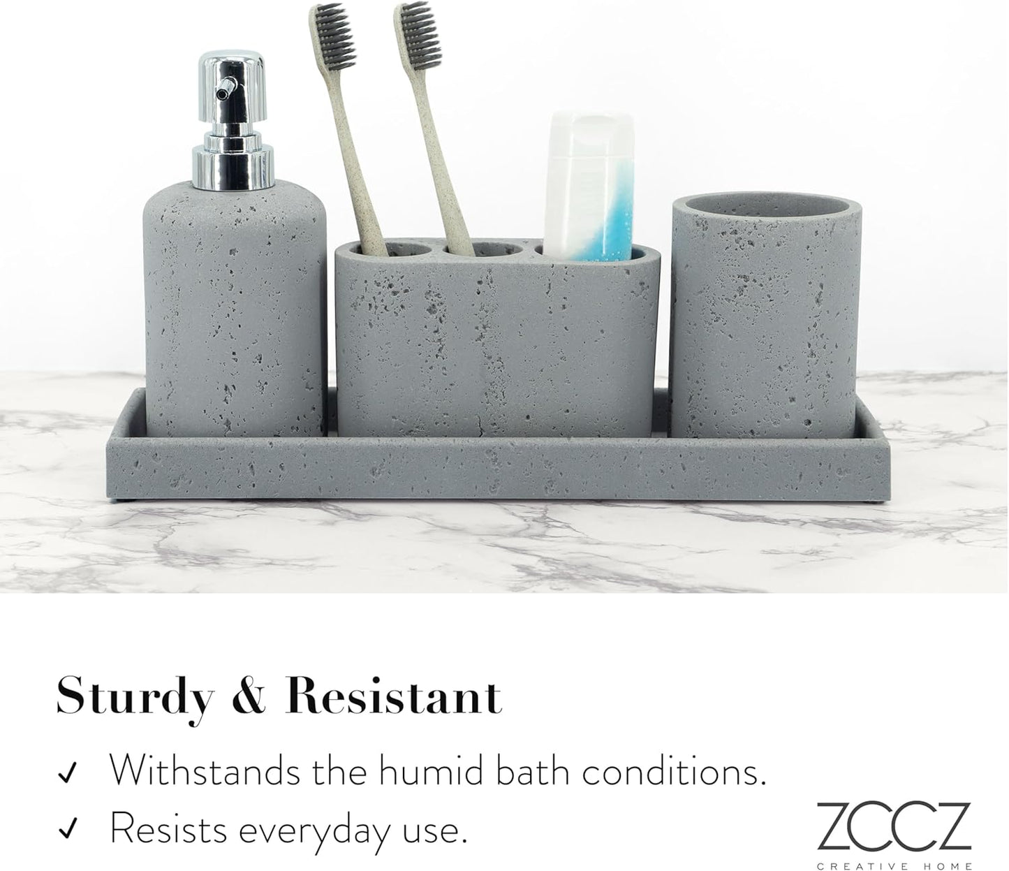 ZCCZ -Beige Bathroom Accessories Set 4 Pcs - Toothbrush Holder, Soap Dispenser, Vanity Tray, Bathroom Tumbler - Countertop Vanity Organizer - Bathroom Accessory Set- Toothbrush Holder Set, Stone Sets