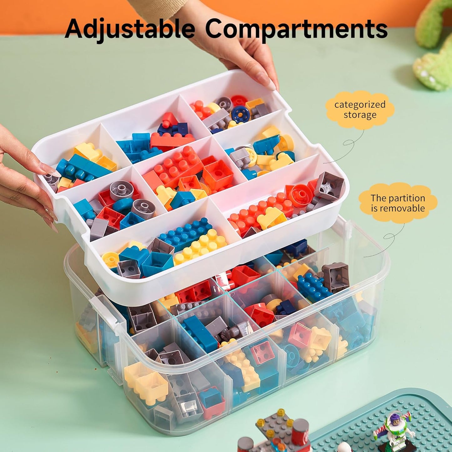 Plastic Stackable Organizer Storage Case with Building Blocks Lids for lego, Storage Containers with Carrying Handle and Adjustable Grid Organizers, 2Layer Orange