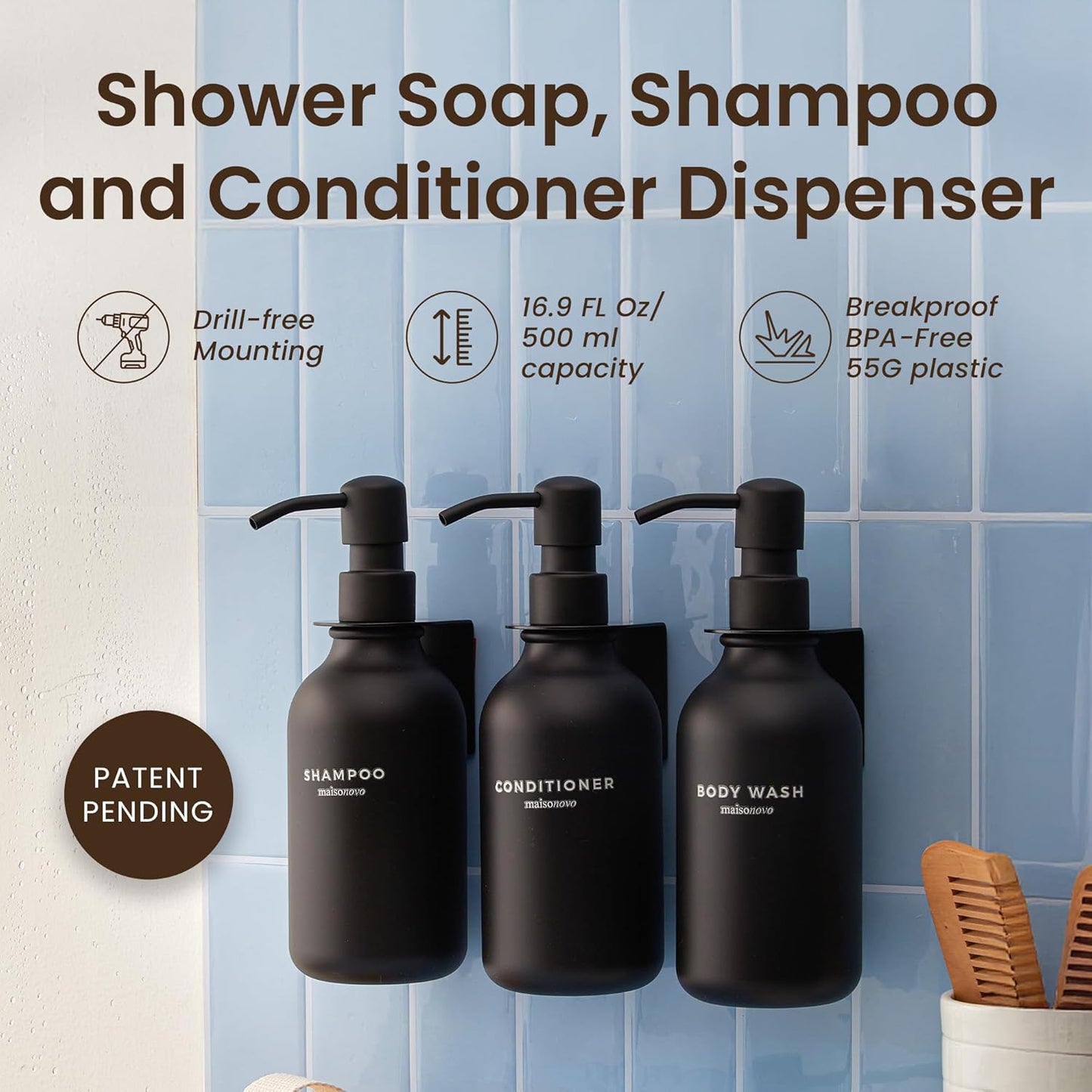 MaisoNovo Shampoo and Conditioner Dispenser - Shower Soap Dispenser Wall Mounted - 16.9 fl oz Set of 3 Black Plastic Bottles Black Pump - Shampoo Dispenser, Shower Dispenser