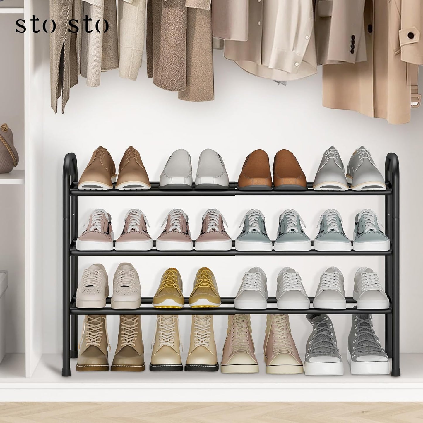 STO STO Expandable Shoe Rack, 3-Tier Metal Small Shoe Rack for Closet, Up to 16 Pairs Adjustable Shoe Racks Storage for Front Door Entrance, Free Standing Shoe Rack Organizer for Entryway, Black