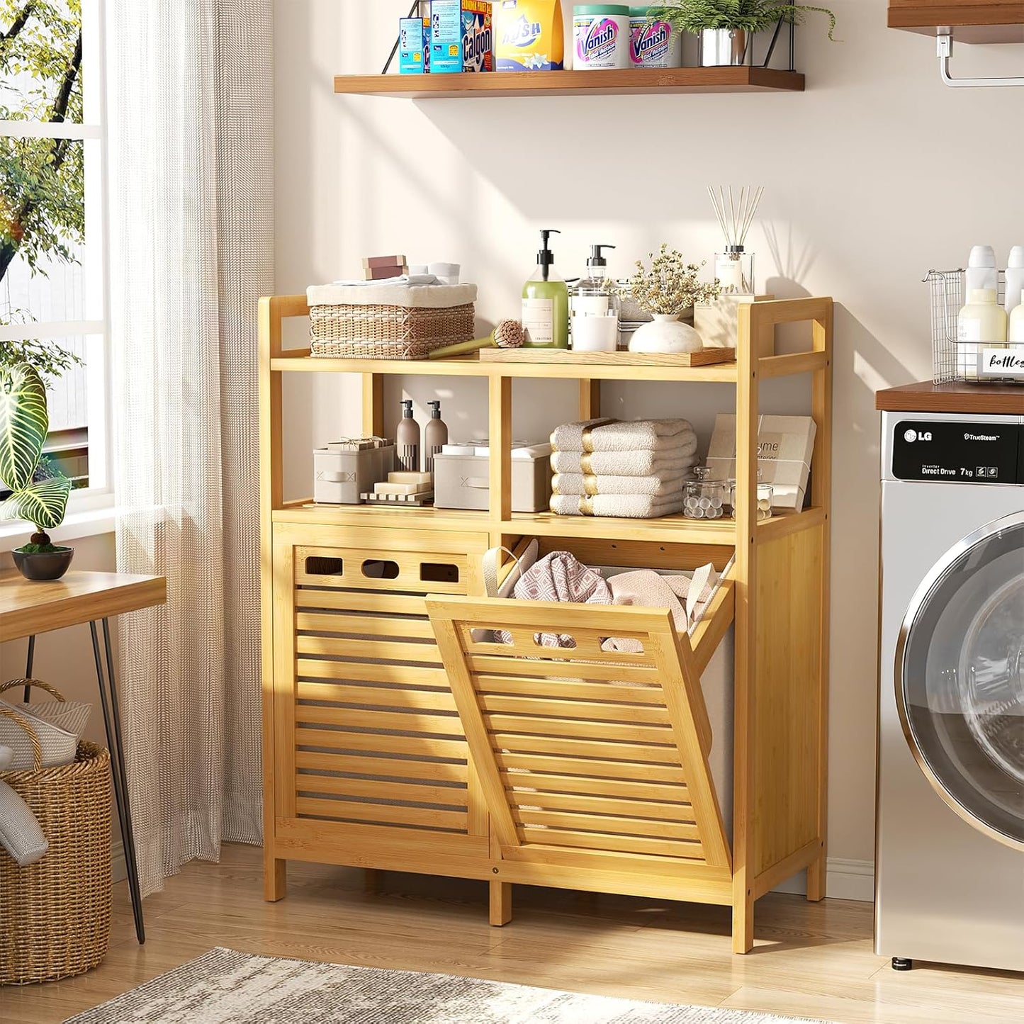 Homykic Tilt Out Laundry Hamper Cabinet, Bamboo Double Laundry Hamper with 2 Removable Laundry Baskets, 20 Gal Laundry Sorter Organizer with Shelf for Dirty Clothes, Bathroom, Laundry Room, Natural