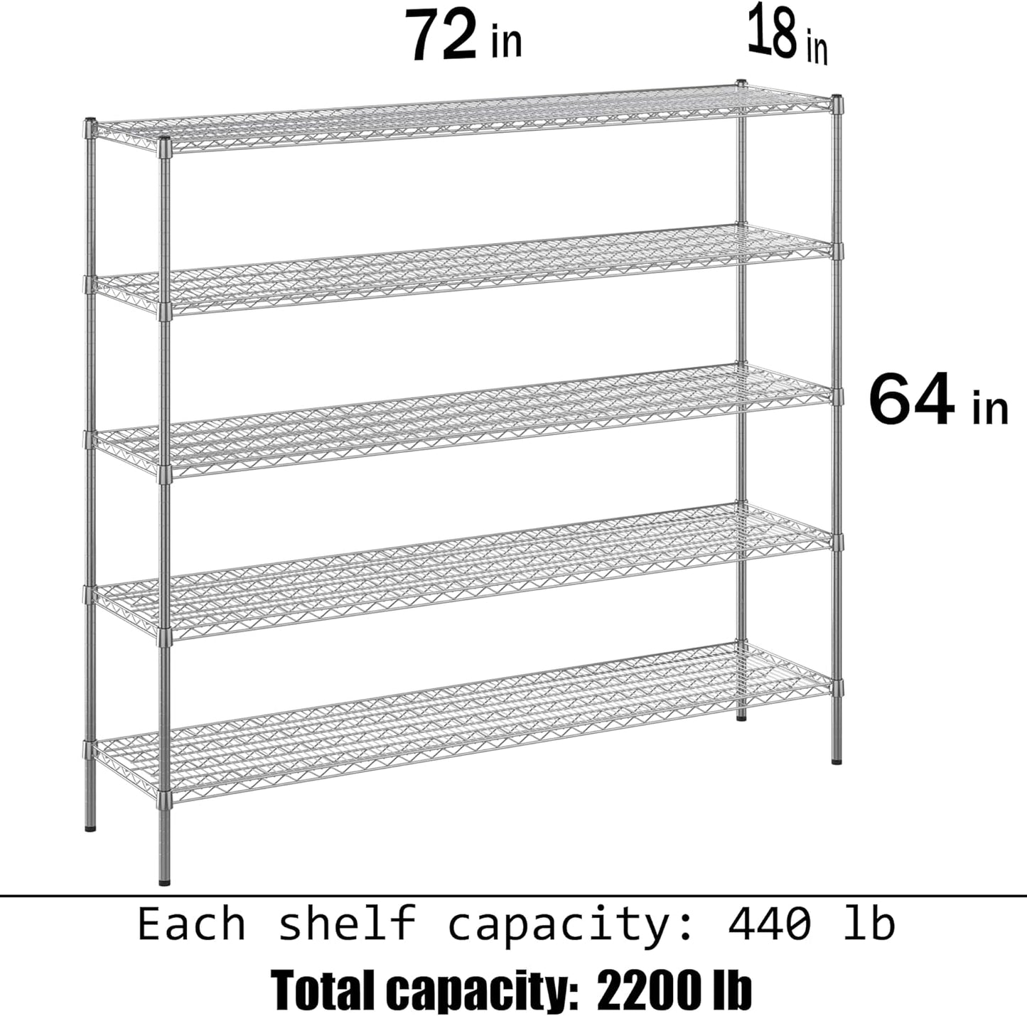 18" Deep x 72" Wide x 64" Height Wire Shelving Kit | 5-Tier | NSF Commercial Storage Rack Unit
