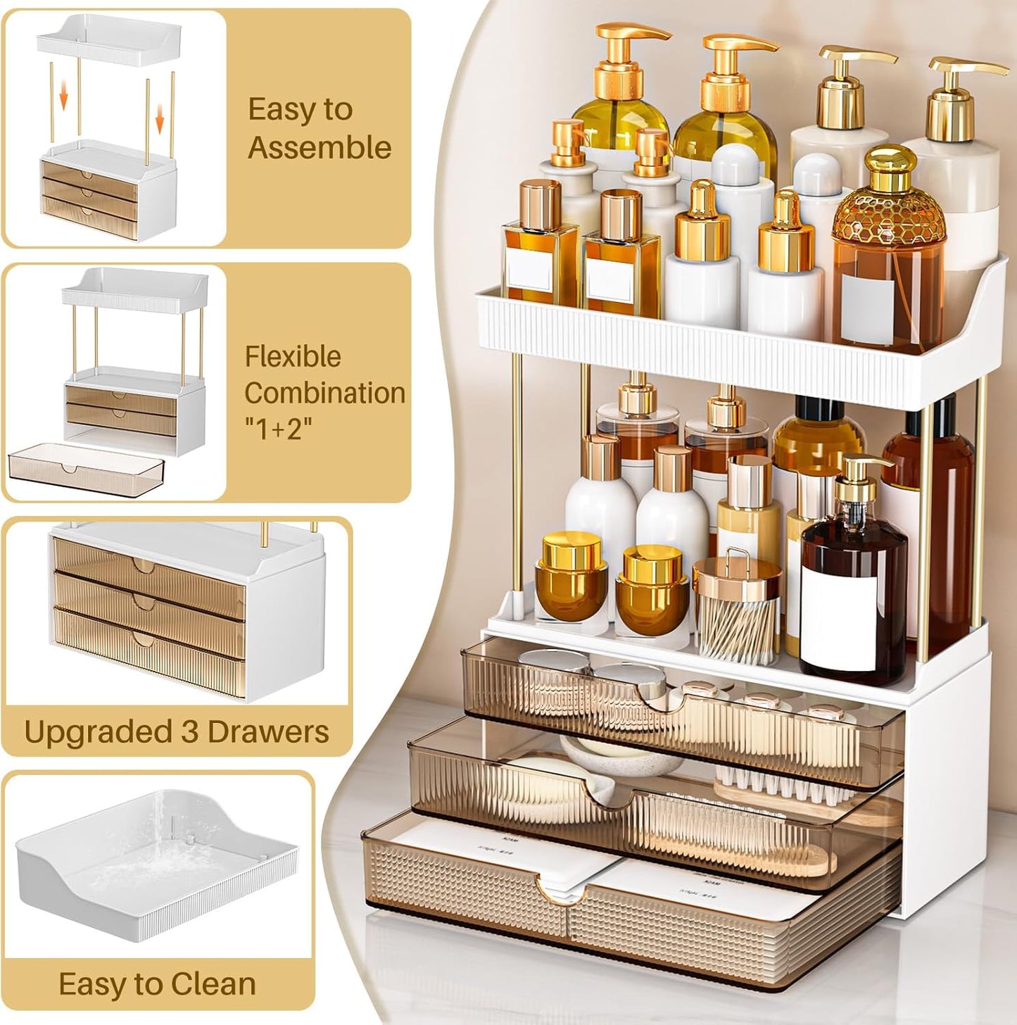 Bathroom Organizers and Storage - 3 Drawers 2 Tier Makeup Organizer, Cosmetic Storage Drawer for Dresser Countertop and Bathroom Vanity for Large Skincare, Perfume, Amber