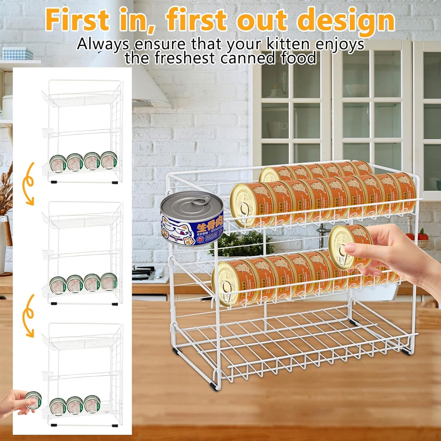 Cat Food Organizer, 3-Tier Stackable Iron Shelf for 45 Cans (3oz) - Pet Food Dispenser, Kitchen Pantry Storage Rack Cabinet, Canned Cat Organizer for Home & Shop